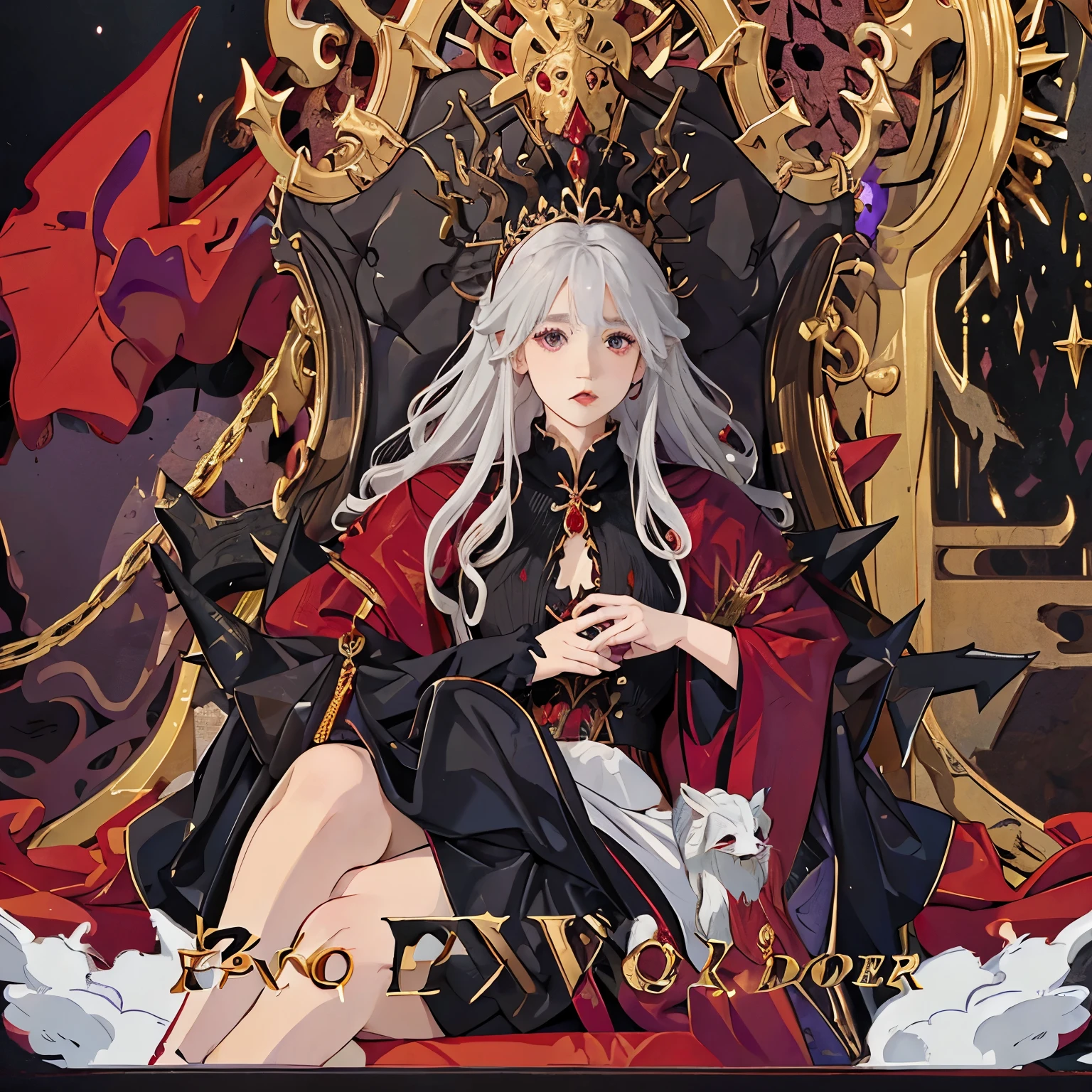 Young targaryen woman with long silver curly hair. Purple eyes. Dressed in red and black with gold. With a dragon behind her. And a black crown of spikes.
