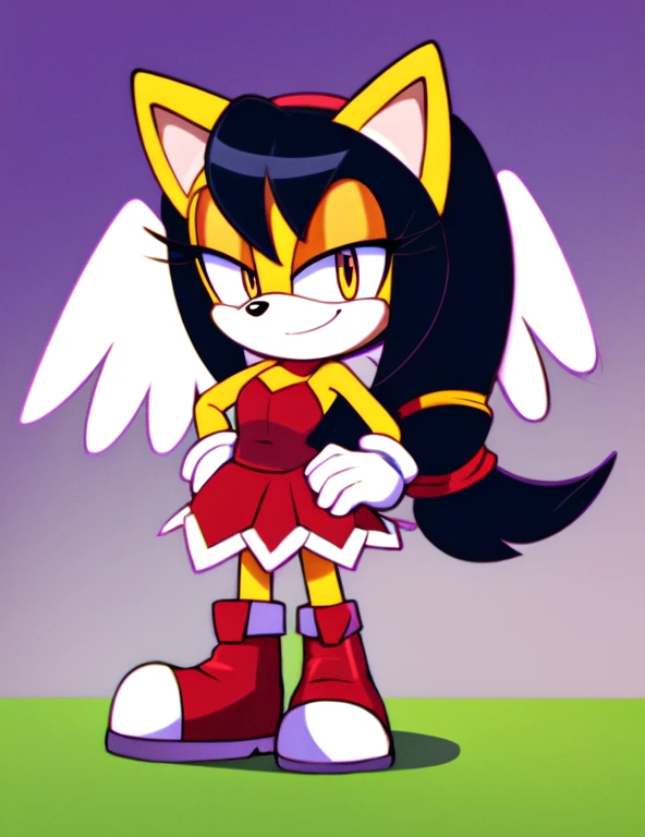 score_9, score_8_up, score_7_up, honey the cat, 1girl, black hair, white angel wings, solo, hand on own hip, gloves, red dress, twintails, smirk, smug, frilly hair ties 