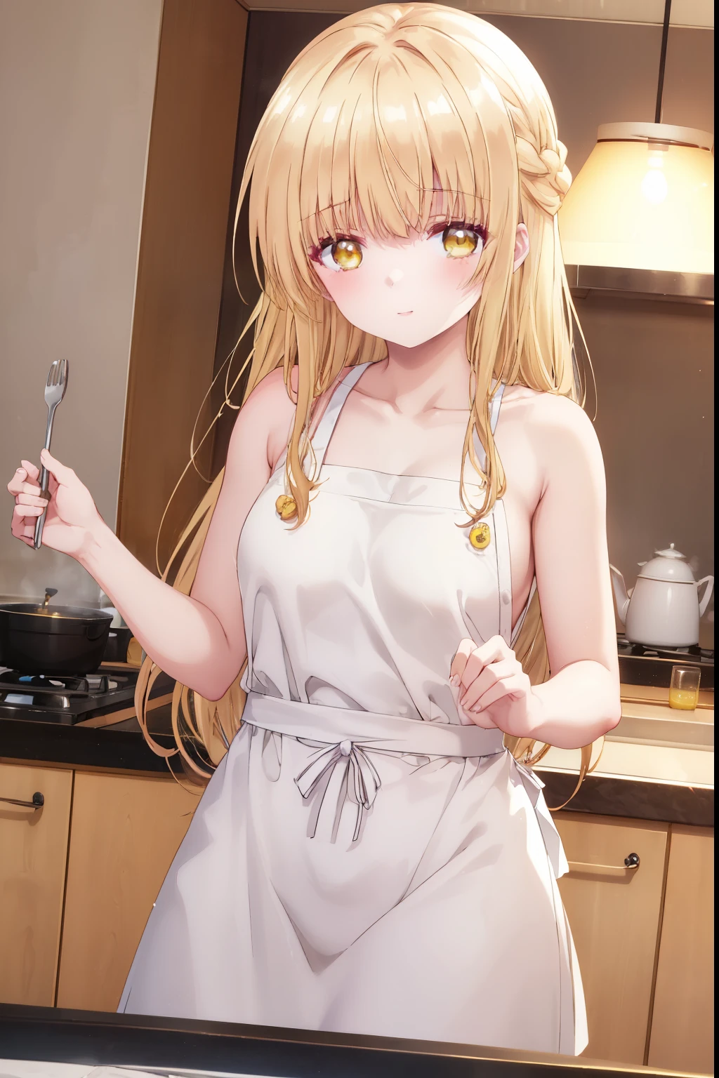 Mahiru shiina, , blonde, (Yellow Eyes:1.3)、Braided long hair,,blush,smile,night、Beautiful scenery, attractive thighs、Beautiful bare legs, Naked Apron、Wearing an apron naked、Cooking food in the kitchen、Bare chest、Nipples are visible
（masterpiece:1.2), highest quality, High resolution, unity 8k wallpaper, (shape:0.8), (Beautiful and beautiful eyes:1.6), Highly detailed face, Perfect lighting, Extremely detailed CG, (Perfect hands, Perfect Anatomy),