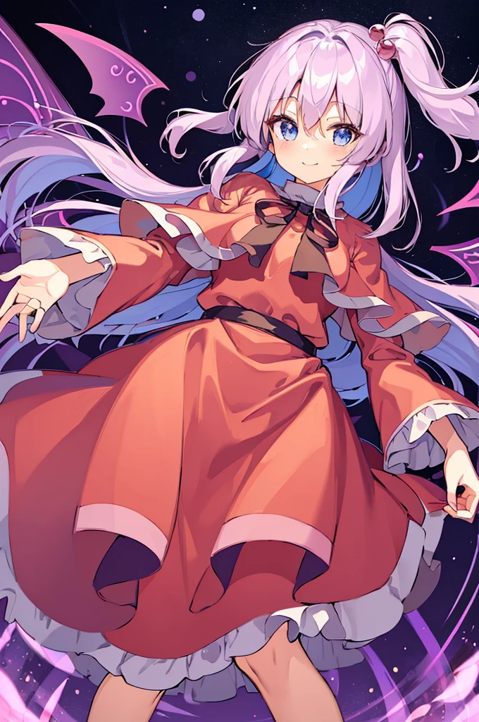 a digital drawing of a fairy looking girl wearing a pink dress with blue hair, masterpiece, best quality, shinki (touhou), 1girl, solo, 10 years old, one side up, hair ornament, hair bobbles, long hair, side ponytail, blue hair, blue eyes, smile, bangs, red dress, pink sweater, Turtleneck Sweater, long sleeves, capelet, long maxi-skirt, very long skirt, wrap skirt, loafers, wings, multiple wings, purple wings, six purple wings red markings, white hair, long white hair, and wears red robes, Shinki \(touhou\), black bowtie, looking at viewer, white background, simple background