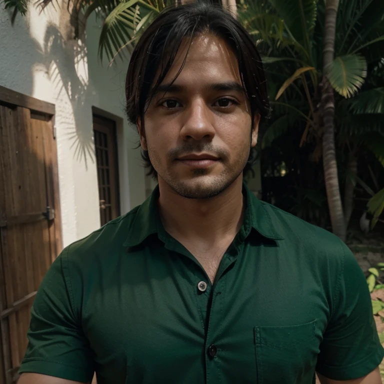 Male around 28 years old, Cabello negro natural, Camisa, VELLO, , Esvelto, Luz de velas en un ambiente OSCURO,feo,tiro realista, Camisa verde,selfie