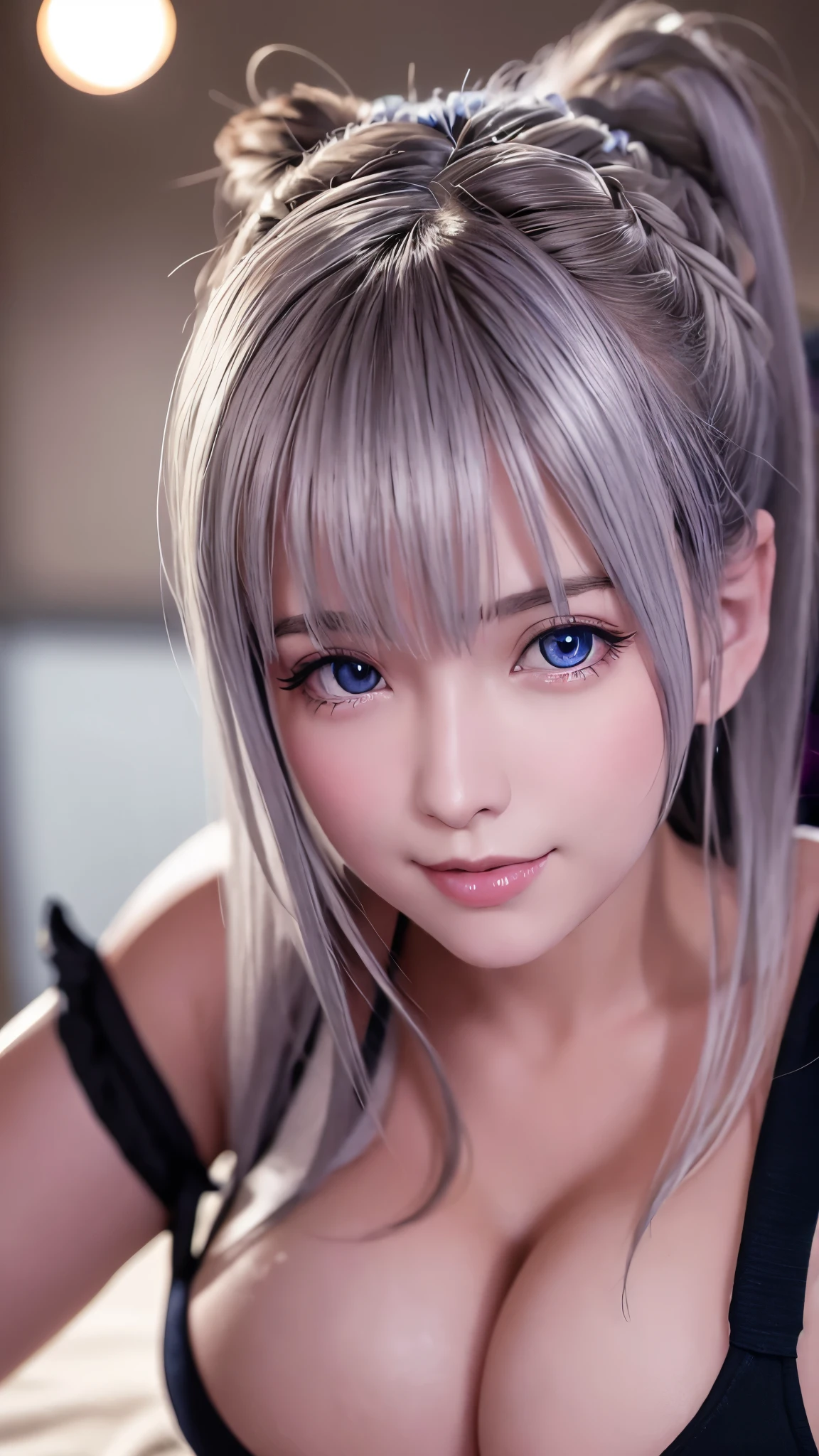 (Best quality, Ultra-detailed, photo-realistic:1.37), Silver-haired woman, nsfw, (big breast:1.5), nipples, Fantastic blue eyes, (smiling broadly), Soft lighting, pink apron, illustration, bangs, Flowing hair, Gentle breeze, Shiny hair, Close-up of black stockings, mitts, Gradient hair, folded ponytail, blue halo, Glowing eyes, Wide eyes, drunk, Anime style, shadowing, back lit lighting, macro photograph, Close-up, first person perspective, head out of frame, hyper HD, High details, Best quality