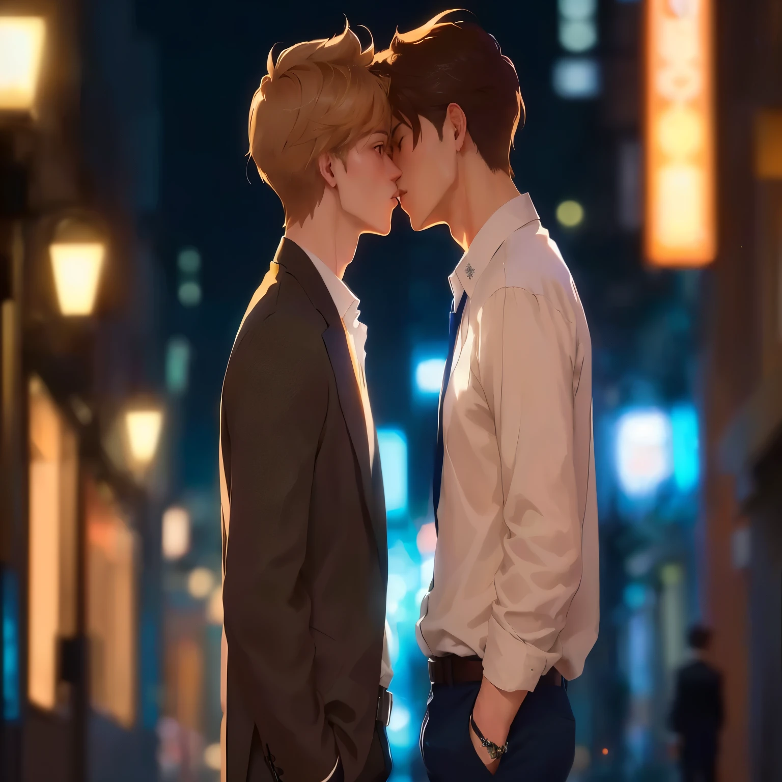 there are two men standing next to each other in the street, kissing together cutely, yaoi, two anime handsome men, lgbt art, kissing each other, cute boys, kissing together, kiss mouth to mouth, lovely kiss, clear face, tilted head, holding waist gently, makoto shinkai and (cain kuga), high quality fanart, male art, marton gyula kiss ( kimagu )