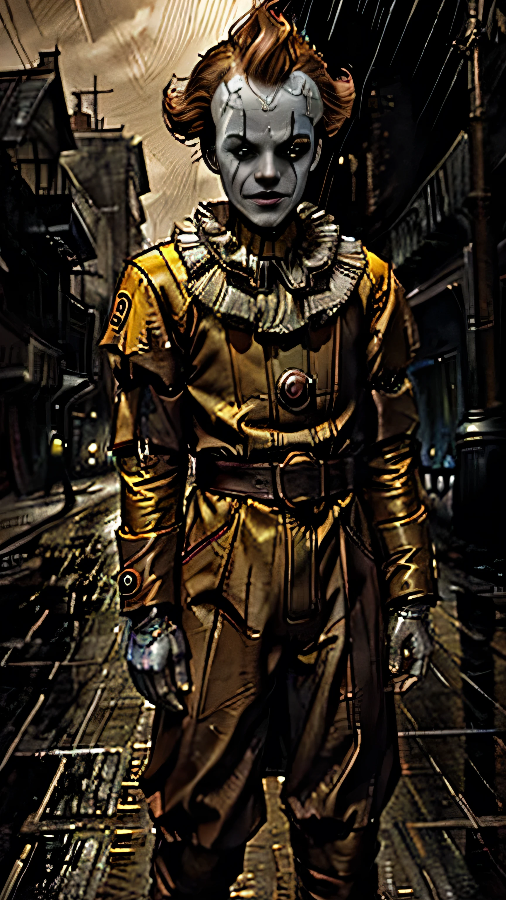 postapocalypse, Jack Gleeson as Pennywise, clown makeup, yellow leather coat, standing, in a street, rain, (1man), (solo), (full body view), beautiful detailed glow, detailed, cinematic light, intricate detail, realistic, highres, detailed facial features, high detail, sharp focus, smooth, aesthetic, extremely detailed, stamp, octane render