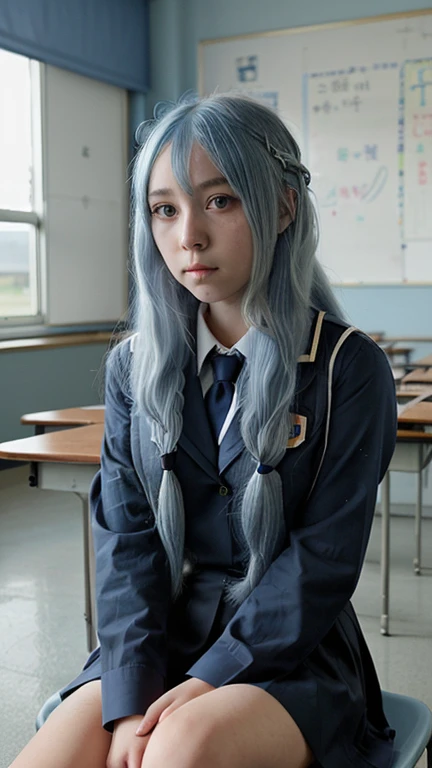 1 girl, long light blue hair, Navy blue, sit in class, black school modern uniform, Anime