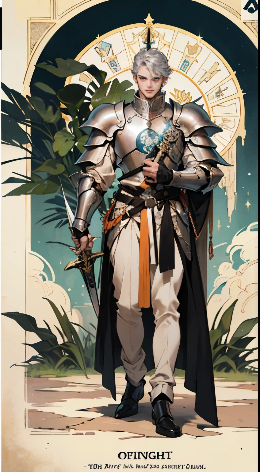 (Absurd, High resolution, Super detailed), 1 male, Adult, good looking,Olive skin, Tall and muscular man, Broad shoulders, Detailed eyes and face, Knights \Tarot\, royal knight, Full body silver armor, sword, Symbolism, Visual Arts, occult, universal, Vision Casting, Philosophical, Iconography, Numerology, Popularity, Artistic, Alphonse Mucha