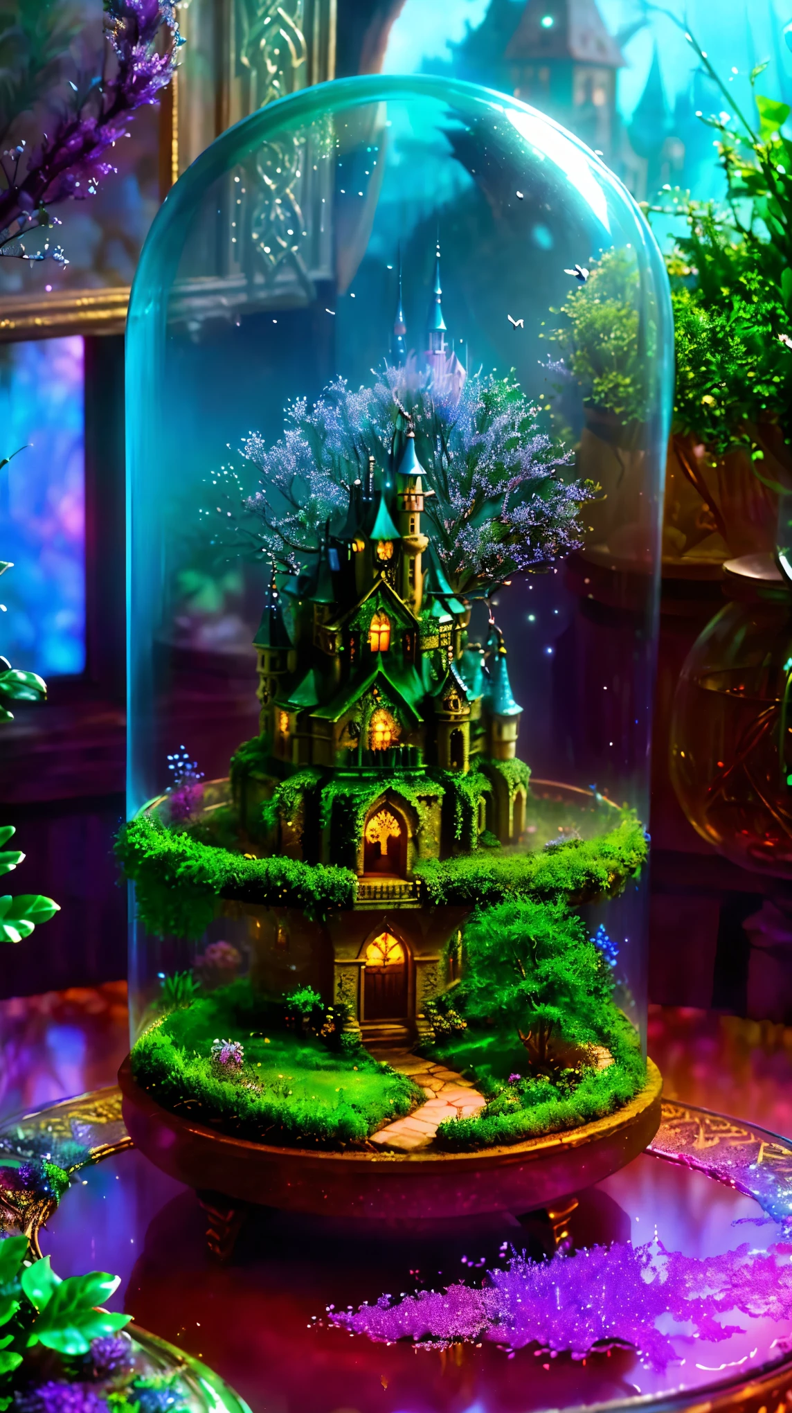 (glass terrarium:1.1), (miniature world:1.1), (castle in a small world:1.2), (glass encased terrariums:1.2), (fantasy:1.1), (enchanting:1.1), (magical:1.1), (vibrant colors:1.1), (dreamlike:1.1), (intricate details:1.1), (lush vegetation:1.2), (serene atmosphere:1.1), (ethereal lighting:1.1), (captivating miniatures:1.2), (unreal landscapes:1.1), (whimsical:1.1), (mystical:1.1), (microscopic wonders:1.2), (tiny creatures:1.1), (imagination:1.1), (bewitching:1.1), (tranquil:1.1), (stunning:1.1), (magically suspended:1.2), (glass domes:1.2), (tiny castles:1.1), (illuminated pathways:1.2), (hidden gardens:1.1), (enchanted atmosphere:1.1), (elaborate architecture:1.1), (airy and delicate:1.1), (meticulously crafted:1.1), (illusion of a new world:1.3), (exquisite:1.1), (world within a world:1.1), (dazzling:1.1), (ethereal:1.1), (otherworldly:1.1), (fascinating:1.1), (delightful discoveries:1.2), (captivating scenery:1.1)