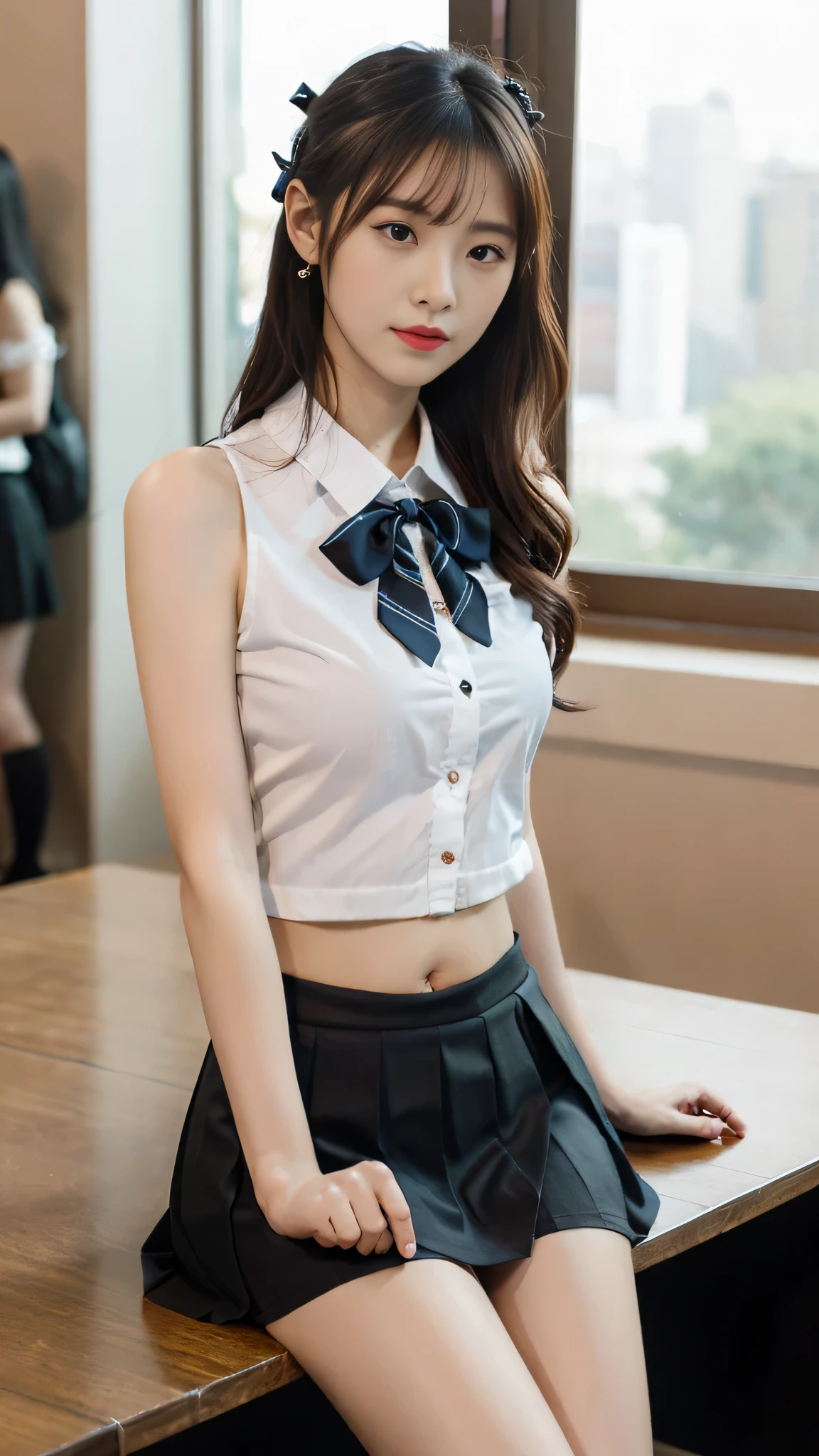 (Good structure),girl,single,Long hair,Look at the audience,skirt,shirt,Black Hair,Bow,Bare shoulders,Sitting,Uniforms,White shirt,Pleated Skirt,Lips,sleeveless,sock,Collared shirt,indoor,bow tie,Black Skirt,Lips,蓝skirt,window,sleevelessshirt,Armband,desk,Black bow tie,Reality,Belly Peek,on the table,坐on the table
