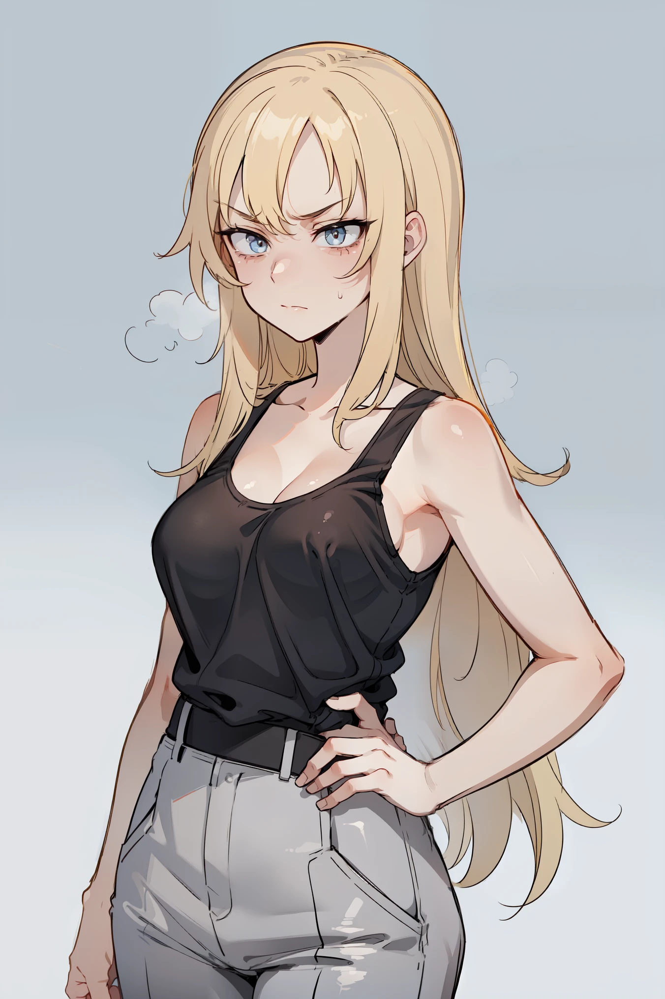 Young woman, blonde, long hair, Grey eyes, black tank top, gray trousers, wide pants, black belt, narcissistic, angry, Anime
