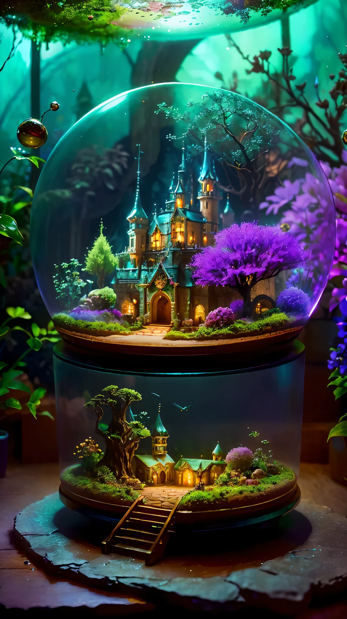 (glass terrarium:1.1), (miniature world:1.1), (castle in a small world:1.2), (glass encased terrariums:1.2), (fantasy:1.1), (enchanting:1.1), (magical:1.1), (vibrant colors:1.1), (dreamlike:1.1), (intricate details:1.1), (lush vegetation:1.2), (serene atmosphere:1.1), (ethereal lighting:1.1), (captivating miniatures:1.2), (unreal landscapes:1.1), (whimsical:1.1), (mystical:1.1), (microscopic wonders:1.2), (tiny creatures:1.1), (imagination:1.1), (bewitching:1.1), (tranquil:1.1), (stunning:1.1), (magically suspended:1.2), (glass domes:1.2), (tiny castles:1.1), (illuminated pathways:1.2), (hidden gardens:1.1), (enchanted atmosphere:1.1), (elaborate architecture:1.1), (airy and delicate:1.1), (meticulously crafted:1.1), (illusion of a new world:1.3), (exquisite:1.1), (world within a world:1.1), (dazzling:1.1), (ethereal:1.1), (otherworldly:1.1), (fascinating:1.1), (delightful discoveries:1.2), (captivating scenery:1.1)