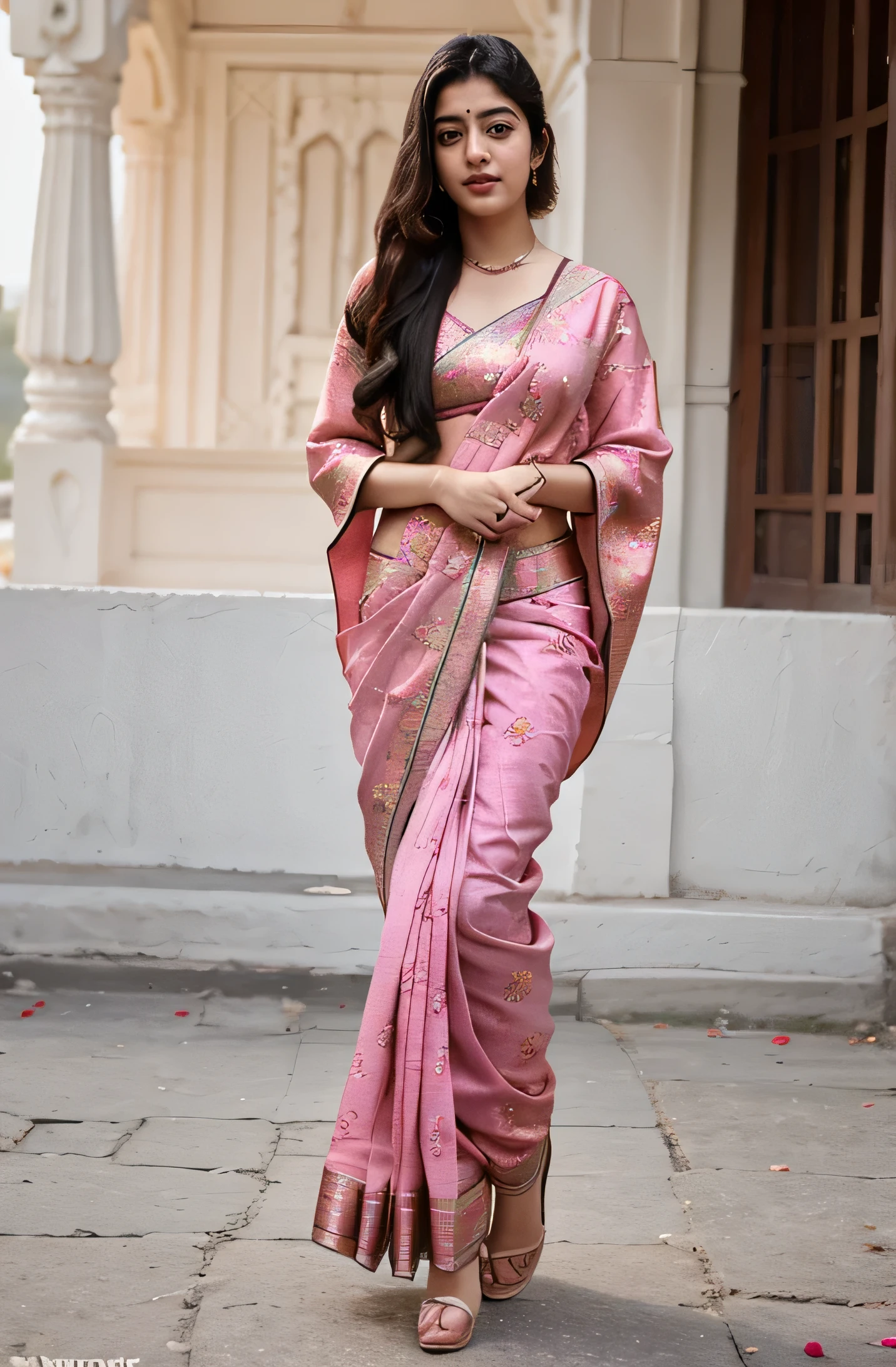 21 yo Indian women Ananya Pandey wearing Banarasi silk sarees (pink printed) wearing hand jwellery, full body view cute pose , looking George's perfect anatomy realistic realism,4x ultra sharp 4k 