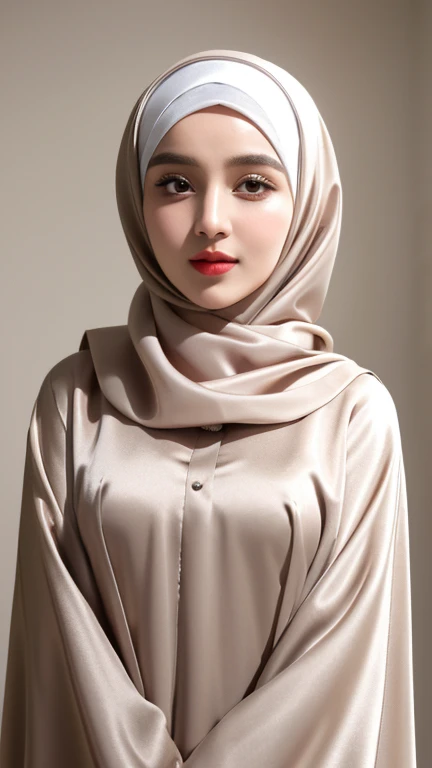 RAW photo of a 24 year old girl wearing hijab, satin abaya, satin, hijab face portrait, neutral background, 8k uhd, dslr, soft lighting, high quality, film grain, Fujifilm XT3, covered dress, decent dress