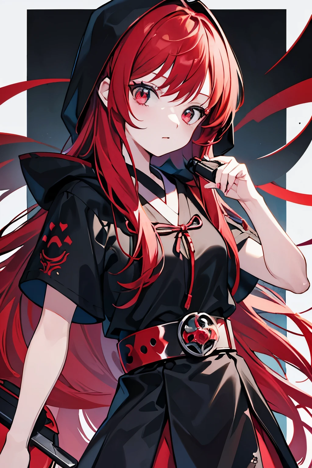 Girl photographer red hair side tail Curious Belt on torso Black hood Character portrait whole body Gothic Japanese anime hand drawn illustration