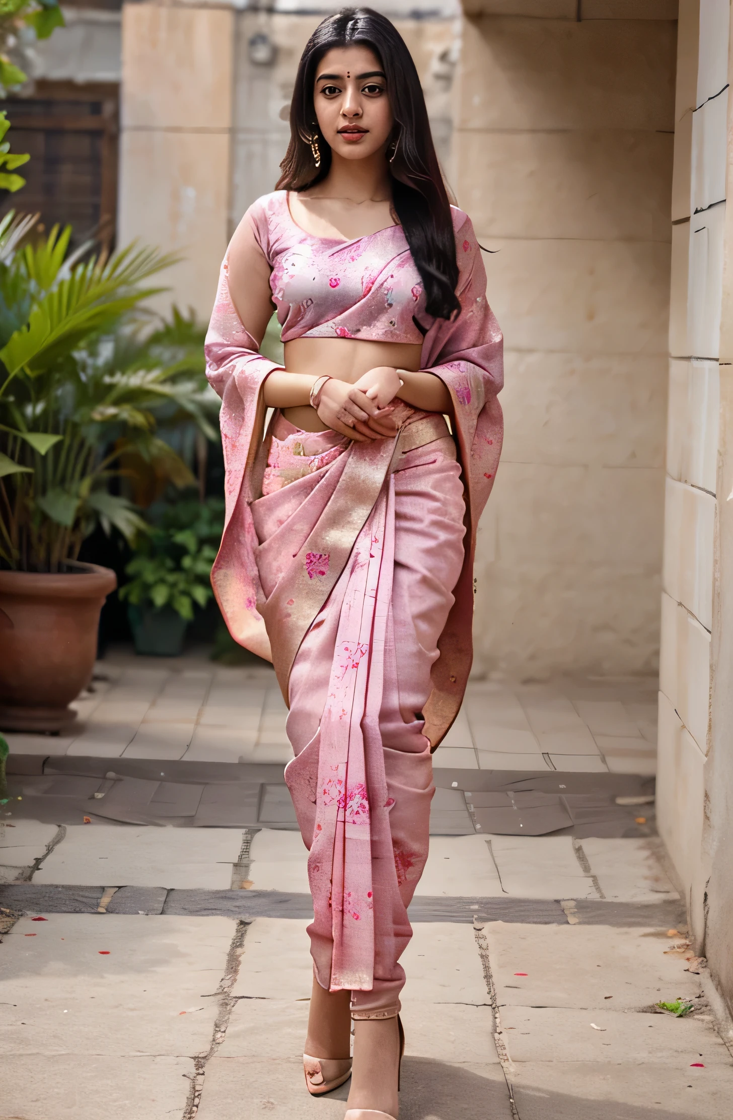 21 yo Indian women Ananya Pandey wearing Banarasi silk sarees (pink printed) wearing hand jwellery, full body view cute pose , looking George's perfect anatomy realistic realism,4x ultra sharp 4k