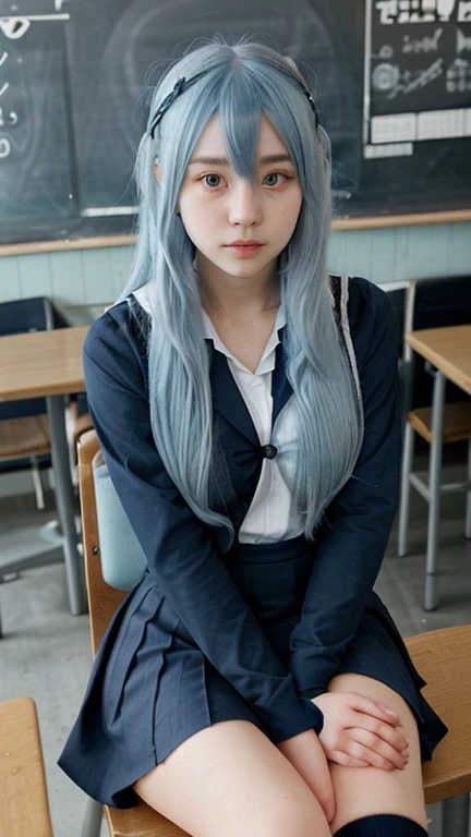 1 girl, long light blue hair, Navy blue, sit in a cafe, black school modern uniform, Anime