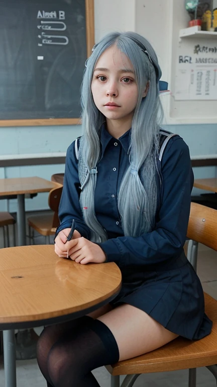1 girl, long light blue hair, Navy blue, sit in a cafe, black school modern uniform, Anime