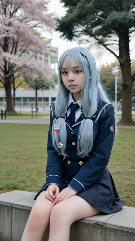 1 girl, long light blue hair, Navy blue, sit in the park, black school modern uniform, Anime