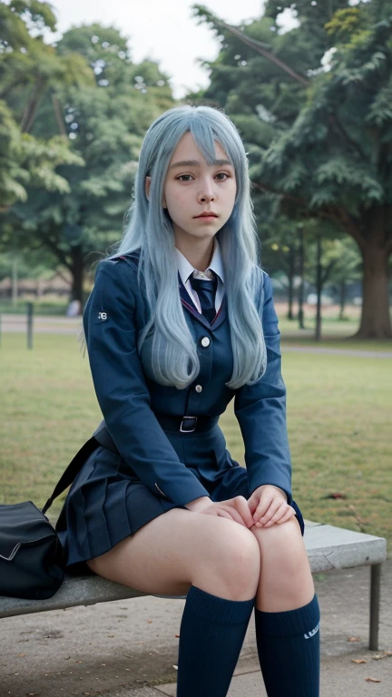 1 girl, long light blue hair, Navy blue, sit in the park, black school modern uniform, Anime