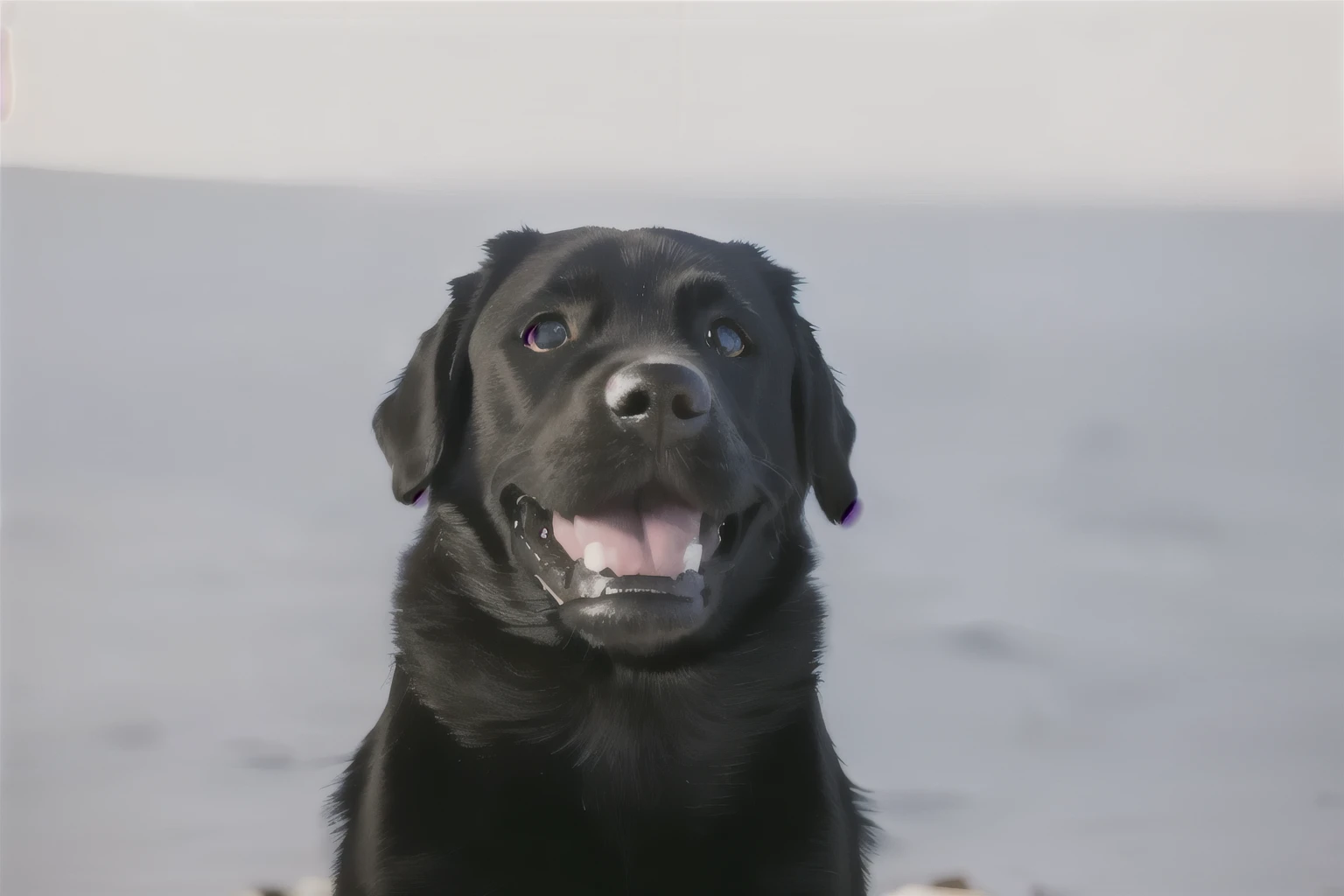 there is a black dog that is sitting on a rock, labrador, portrait big dark dog, black dog, portrait of black labrador, dog, cute face, laboratory in the background, portrait of a stern Zeus, Canine, Brutus, Very cute, happy dog, Beautiful face!, Large portrait, beautiful dog head, looking proudly to the side, standing near the beach, Beautiful face