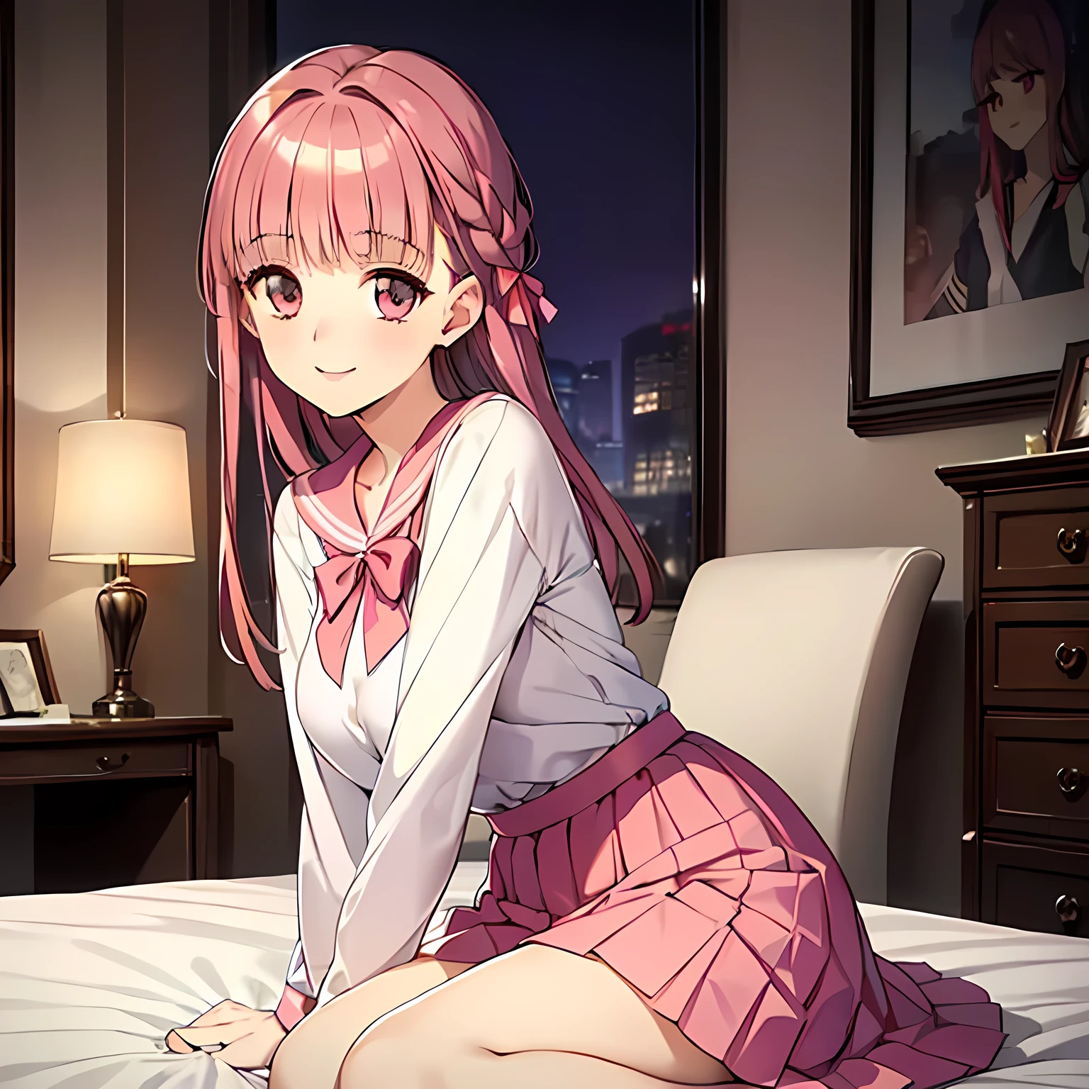 highest quality, (masterpiece:1.2), Very detailed, ((Very beautiful girl１A person is sitting on a bed, smiling sweetly and seductively, trying to please the viewer)), (((Beautiful long, very shiny peach-colored hair))), She has a big yellow ribbon in her hair., ((Pink sailor suit)), ((Pink pleated long skirt)), silk light pink blouse, puffed sleeves with ivory ribbon on sleeves, Smiling, ((((Very beautiful pink eyes like clear rubies)))), Long eyelashes, laughing, Big yellow ribbon bowtie, ((An elegant and gentle expression like a noble princess)), Blurred pink bedroom in the background, ((The white light illuminates her face, her beautiful expression and her beautiful hair.))