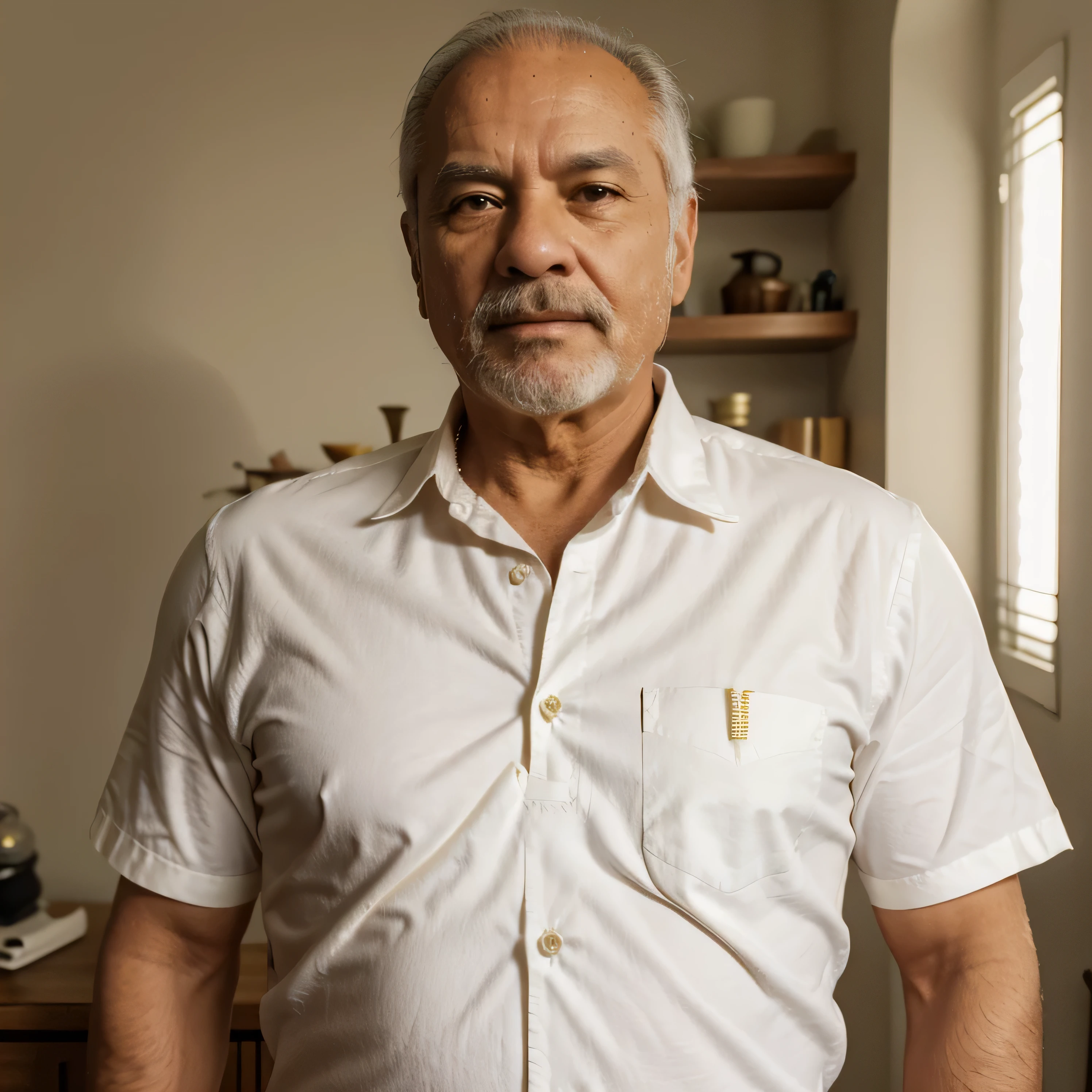 Male around 60 years old, Cabello blanco natural, Camisa, VELLO, USAR SOLO UNA TOALLA ALREDEDOR DE LA CINTURA, Esvelto, Luz de velas en un ambiente claro,, tiro realista, Camisa estampada, tiro realista, Camisa