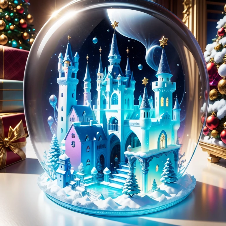 (La best quality,high resolution,Ultra Detailed,Practical)，Jelly Castle，snow，in the room，Christmas decoration，surrounded by christmas gifts，（（A masterpiece full of fantasy elements）））， （（best quality））， （（Intricate details））（8k）