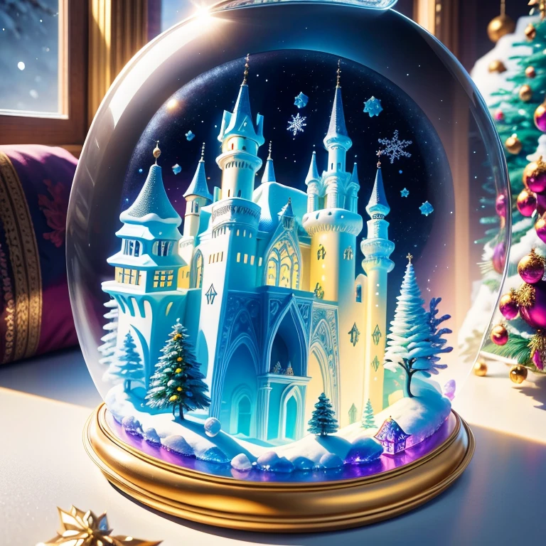 (La best quality,high resolution,Ultra Detailed,Practical)，Jelly Castle，snow，in the room，Christmas decoration，surrounded by christmas gifts，（（A masterpiece full of fantasy elements）））， （（best quality））， （（Intricate details））（8k）