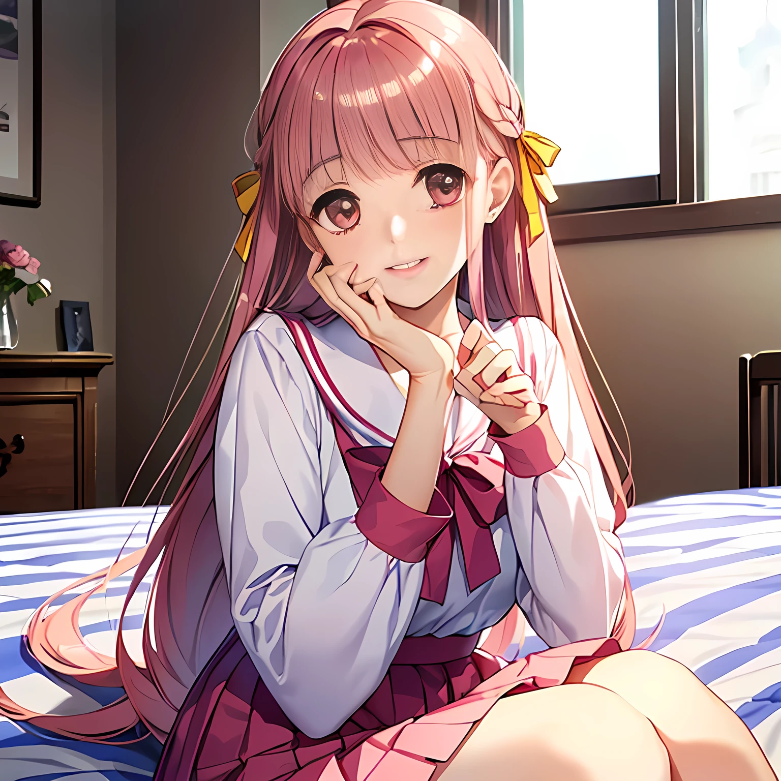 highest quality, (masterpiece:1.2), Very detailed, ((Very beautiful beautiful girl１A person is sitting on a bed, smiling sweetly and seductively, trying to please the viewer)), (((Beautiful long, very shiny peach-colored hair))), She has a big yellow ribbon in her hair., ((Pink sailor suit)), ((Pink pleated long skirt)), silk light pink blouse, puffed sleeves with ivory ribbon on sleeves, Smiling, ((((Very beautiful pink eyes like clear rubies)))), ((Cute and very long eyelashes)), laughing, Big yellow ribbon bowtie, ((An elegant and gentle expression like a noble princess)), Blurred pink bedroom in the background, ((The white light illuminates her face, her beautiful expression and her beautiful hair.))