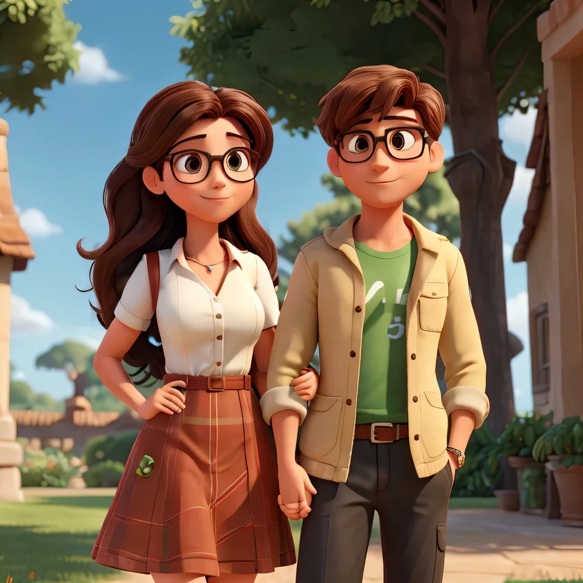 I want a photo of a man and woman who are in a background of all green plants. The man is on the right side. He is taller than the woman., tiene barba es moreno, cejas gruesas cabello negro carga una camisa mangas largas color negra con las mangas remangadas y tiene una cerveza en la mano, la mujer carga un vestido negro straples, usa lentes cuadrados, carga la boca roja cabello con lacio y largo y las puntas ondulado, Brown hair color, They are in a position looking at each other, she smiles and has her arm around his neck, their breasts are together touching., ambos miran sonriendo estilo Disney pixar art