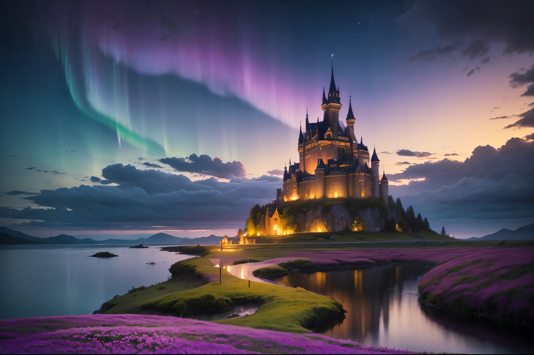 A gigantic floating castle, surreal and dreamlike, covered with clouds, (best quality, highres, vivid colors), (surrealism, fantasy) with (ethereal, magical) atmosphere. The castle is magnificently detailed, shining in different colors under the (soft, gentle) rays of the sun. It has (tall, towering) towers and (elaborate, intricate) architecture, giving it a majestic and grand appearance. The clouds surround the castle, making it appear as if it is (part of the sky, a celestial realm).
The Northern lights (dancing, shimmering) in the sky, casting vibrant hues of greens and purples, adding an(otherworldly, enchanting) beauty to the scene. On the other side, the bright Southern lights illuminates the clouds with stunning shades of pinks and oranges, creating a stunning contrast to the coolness of the Northern lights.
In the foreground, there is a (peaceful, serene) landscape with (lush, vibrant) green meadows, (colorful, blooming) wildflowers, and (gentle, flowing) streams. The landscape reflects the surreal and ethereal ambiance of the sky above.
The overall (lighting, illumination) of the scene is (soft, diffused), with a warm glow that enhances the dreamlike nature of the castle and its surroundings. It creates a sense of tranquility and a feeling of being in a magical realm, Galaxy sky, starry sky