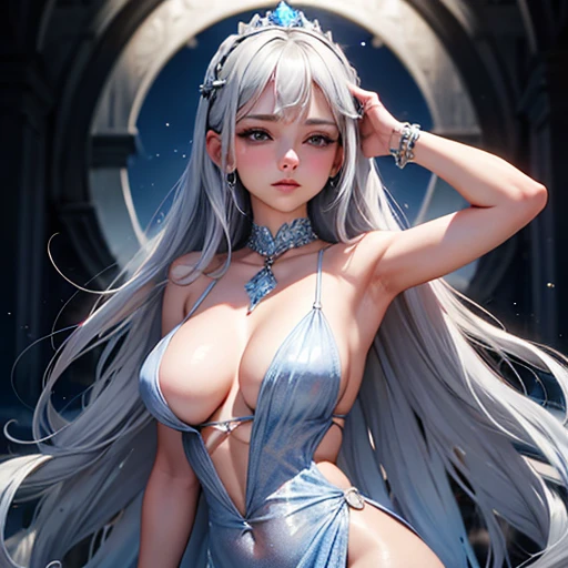 The woman had silver hair, que brillaba al sol, y ojos azules brillantes que brillaban como diamantes. Her figure was wrapped in a flowy dress., mientras alas plateadas brotaban de su espalda. On her head was a diamond crown that shone even in the shadows..