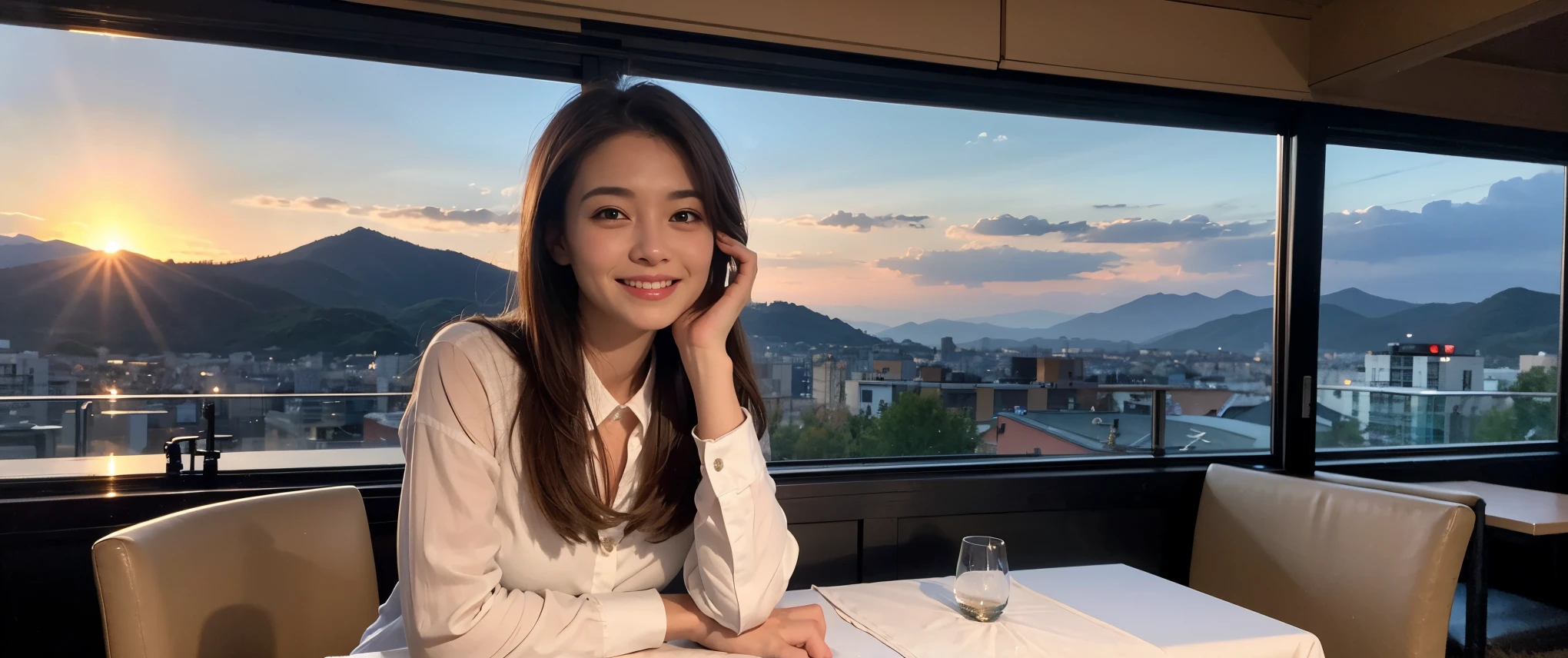 ((highest quality、8k、masterpiece:1.3))、Sharp focus:1.2、Beautiful woman perfect body:1.4、slimなボディ、((Bob Hale、Straight hair:1.2))、(to be born, highest quality, masterpiece:1.5), (Realistic, Intricate details:1.2), Ultra-high resolution, Amazing view of the sunset sky and clouds、Amazing mountain views、ニコニコ明るいsmile、smileの素敵な女性、Bright image、wine glass、The beauty of wine, Beautiful Face, blue eyes, The light shines on your face, Blushing, short hair,Bright Face、Fox face、 (42 years old), 45 years old, Lady、red wine 、Appetizers、Italian food、Wine bottle、Champagne、sparkling wine、Two beauties、Brown Hair、Shortcuts、Long sleeve shirt、dress、Pretty Woman 1, (slimな顔), (The body is slim), (Brown Hair), (Shortcuts), cheeks turn a little red,Attractive beauty、, Out of the window, A beautiful and detailed night view unfolds.........., restaurant, In a prominent place (From the waist up) Nova Frog Style, actress, model, Upper Body, White wine, slim, wine glass, 真ん中に置かれたwine glass, smile, (smile: 1.15), Beautiful fine grain, Depth f/2,saturation, High Contrast, Strong light and shadow,Moist Body:1.5、3D texture、Delicate eyes、Brown Hair、The hair is very shiny、
