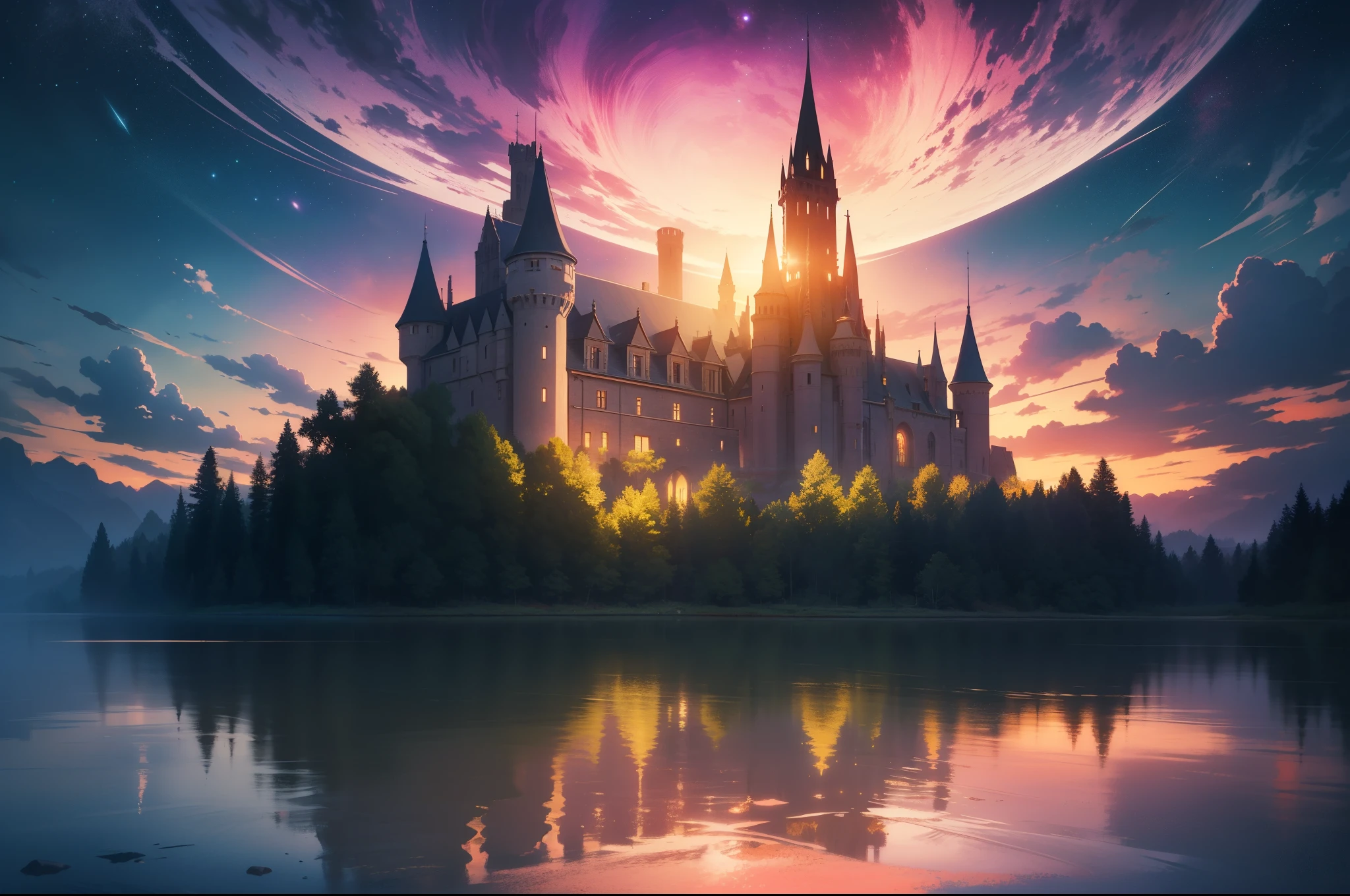 A gigantic floating castle, surreal and dreamlike, covered with clouds, (best quality, highres, vivid colors), (surrealism, fantasy) with (ethereal, magical) atmosphere. The castle is magnificently detailed, shining in different colors under the (soft, gentle) rays of the sun. It has (tall, towering) towers and (elaborate, intricate) architecture, giving it a majestic and grand appearance. The clouds surround the castle, making it appear as if it is (part of the sky, a celestial realm).
The Northern lights (dancing, shimmering) in the sky, casting vibrant hues of greens and purples, adding an(otherworldly, enchanting) beauty to the scene. On the other side, the bright Southern lights illuminates the clouds with stunning shades of pinks and oranges, creating a stunning contrast to the coolness of the Northern lights.
In the foreground, there is a (peaceful, serene) landscape with (lush, vibrant) green meadows, (colorful, blooming) wildflowers, and (gentle, flowing) streams. The landscape reflects the surreal and ethereal ambiance of the sky above.
The overall (lighting, illumination) of the scene is (soft, diffused), with a warm glow that enhances the dreamlike nature of the castle and its surroundings. It creates a sense of tranquility and a feeling of being in a magical realm, Galaxy sky, starry sky