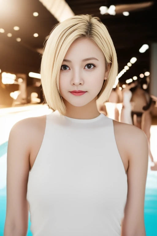 Pictures of young japanese girl, at the pool in a bikini, rim lighting, sun light, looking at the camera, DSLR, ultra quality, crisp focus, Sharp tags, dof, grain of film, Fujifilm XT3, Crystal clear, 8k UHD, Highly detailed glossy eyes, highly detailed skin, skin pores,pale skin,Short Hair Hair,Blonde Hair,Full body,