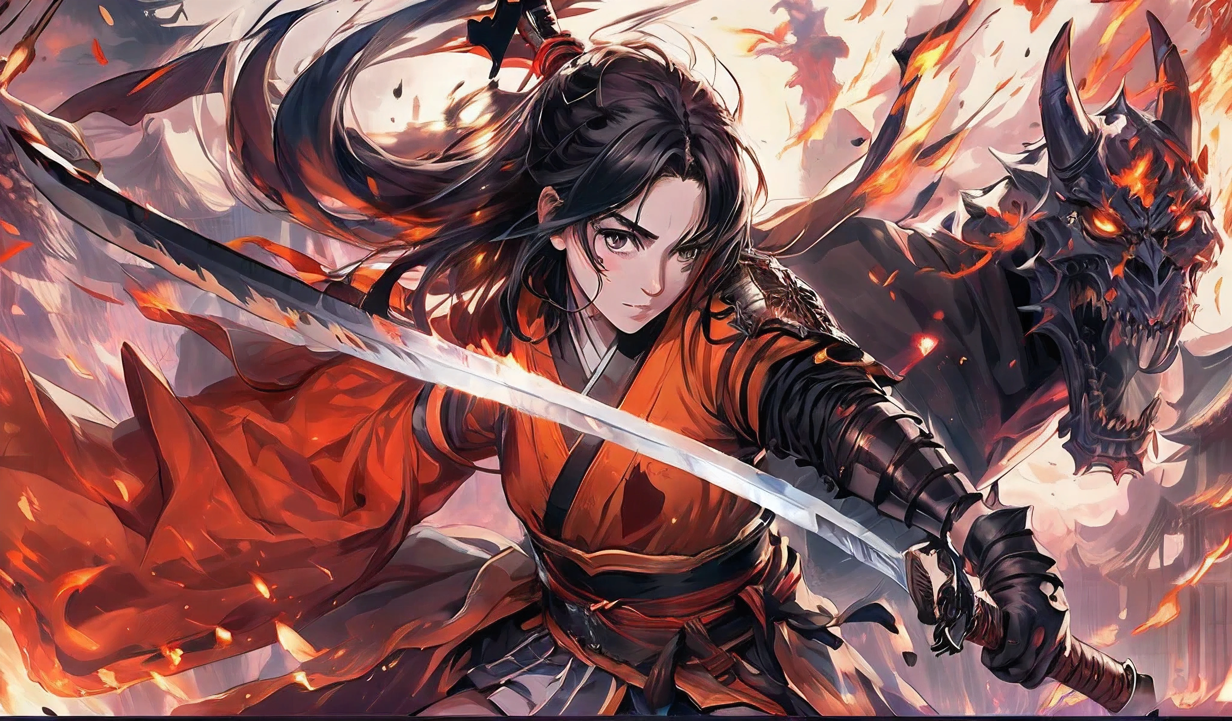 anime girl with sword and fire background, demon slayer art style, anime 8k, demon slayer, anime style 4k, she is holding a katana sword, epic fantasy art style, anime art wallpaper 4k