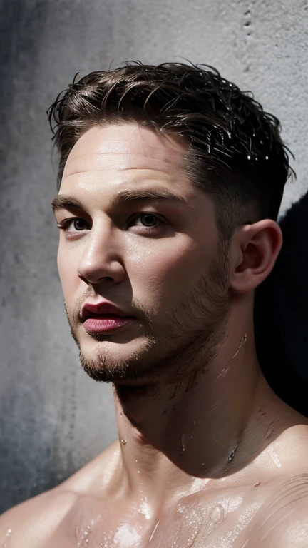 portrait of Tom Hardy, wet body and face, advertise concept, confident, vogue magazine cover concept, shirtless, studio nature photo, grey wall