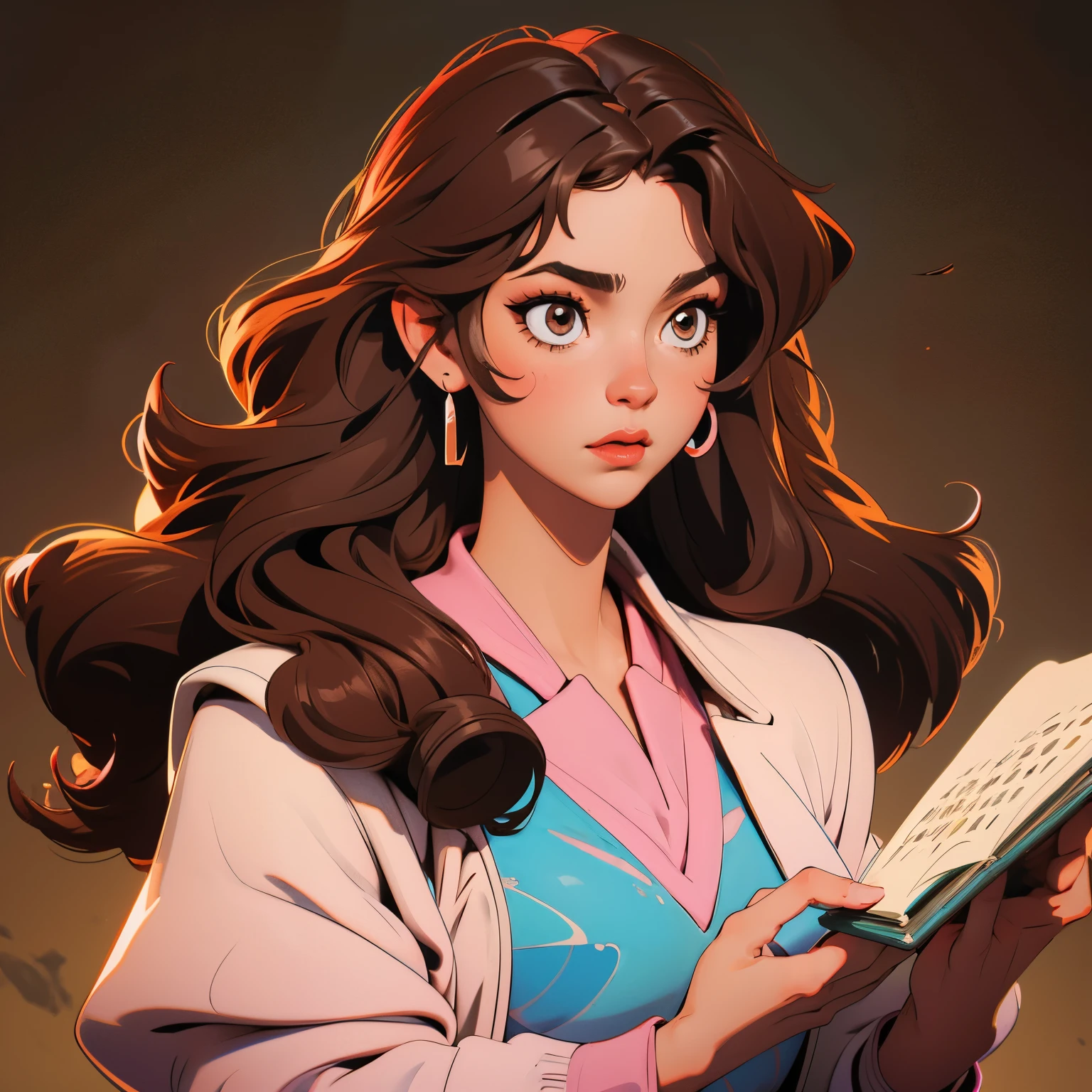 Book cover with a young nurse with curly hair light brown eyes with elements: corazones una anciana al fondo