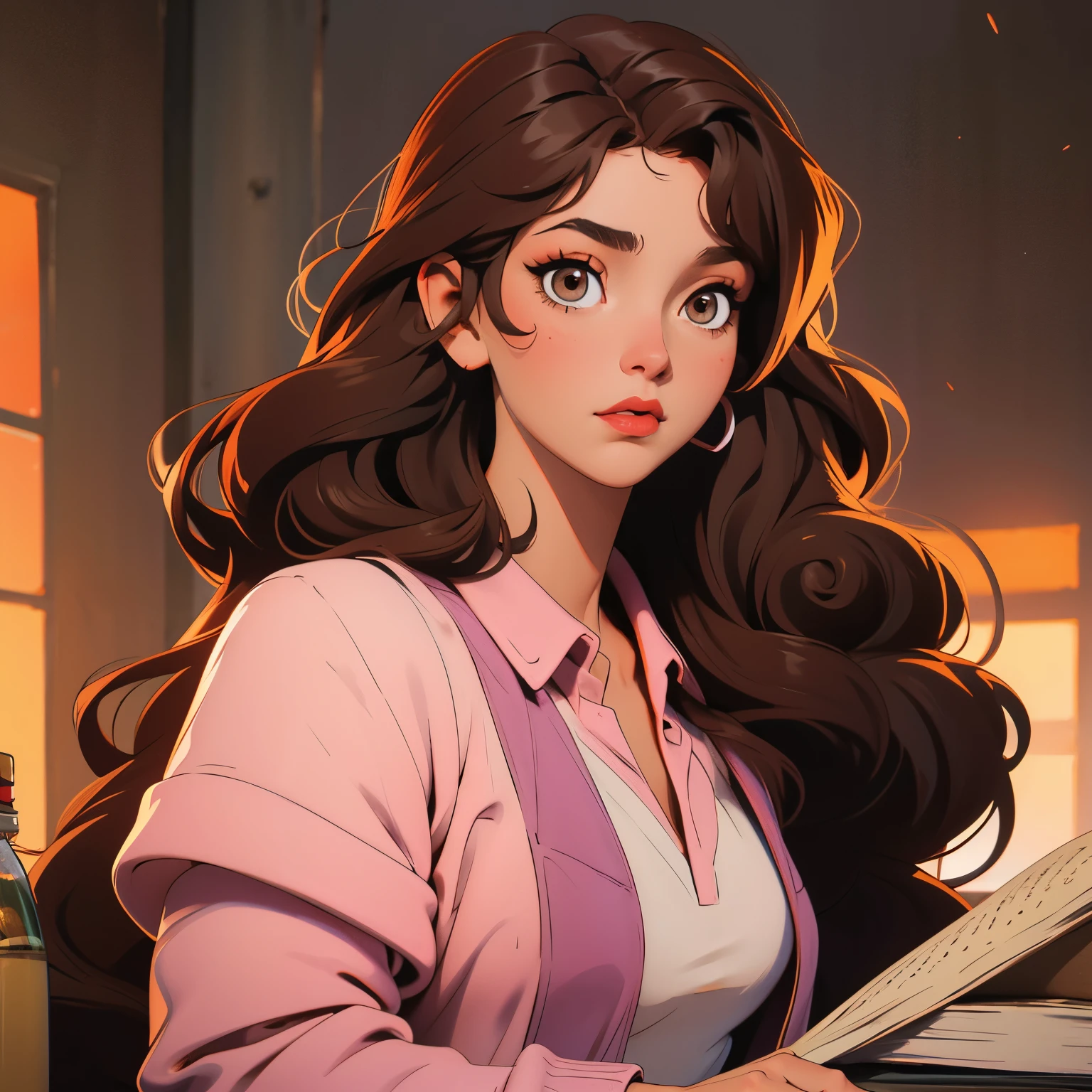 Book cover with a young nurse with curly hair light brown eyes with elements: corazones una anciana al fondo