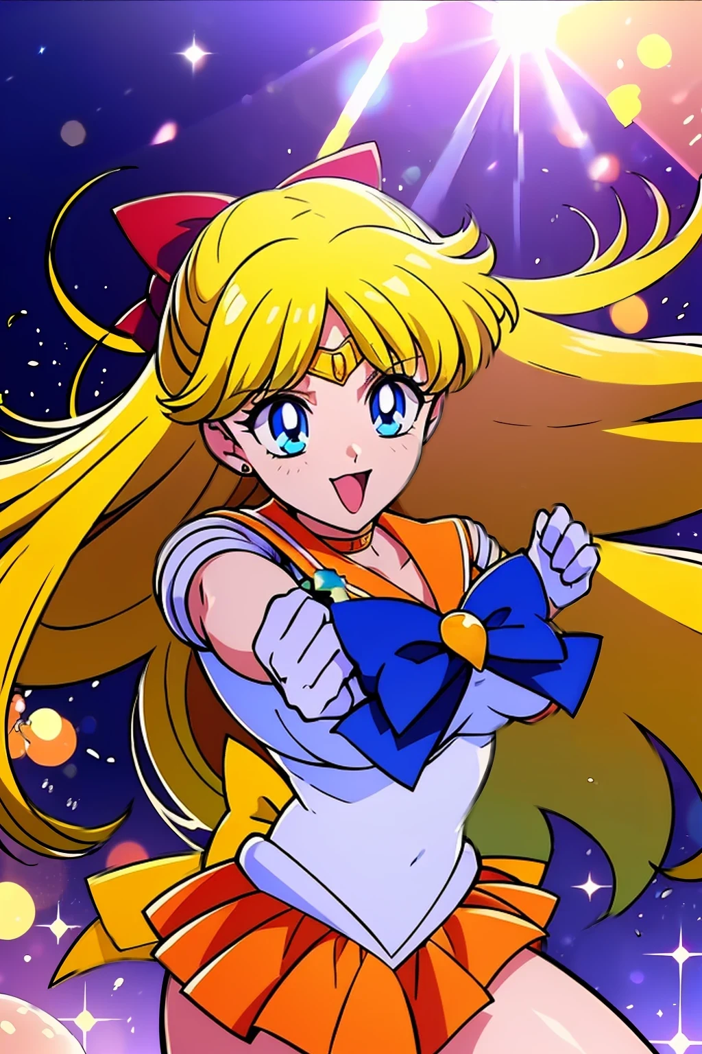 (masterpiece:1.3),(highest quality:1.4),(ultra detailed:1.5),High resolution,extremely detailed,unity 8k wallpaper,Official Art,Perfect Anatomy,(Anime screenshots:1.11),(90s Anime,90s Anime style,cell shaded anime:1.17),4fingers and 1thumbs,((solo:1.52)), (1990s \(style\), retro artstyle:1.5),anmnr,((sv1:1.52)),((Sailor Venus:1.37)),sailor senshi uniform, orange skirt, elbow gloves, tiara, orange sailor collar, red bow, orange choker, white gloves, jewelry,Open Mouth Smile. (Dynamic boxing pose:1.25), Strong lighting),to be born,Color Theme Red, Dramatic Light, (Expressions of joy:1.4),magician, Spell Magic, magic circle, ((Magic in the hands)),(Use the magic of light:1.14),Fire Magic, Imaginative Overlays, Artistic Fusion,Great scene, moving story, Impressive visuals, (Shining Eyes),Looks good on the eyes,Looks good on the eyes,Eye focus,(Carefully crafted brilliance, Lens flare:1.7),(Expressions of joy:1.51),Octane Rendering,Rainbow Paint Drops,Woman made of paint,Full Paint,(Movie Background),Splat,splash,Dark and blurry background,close,(Best writing, Very delicate and beautiful),Beautiful sparkle in every detail,(Soft Light:1.2),(Soft Money Tone Lighting),W腕 and Soft Lighting,Dramatic Light,((Cinematic Light)),Ambient Occlusion,Zhou Xianguang,intense,powerful,Absolutely eye-catching splashes of color,((caustic)),ray tracing reflection,The light shines,morning,