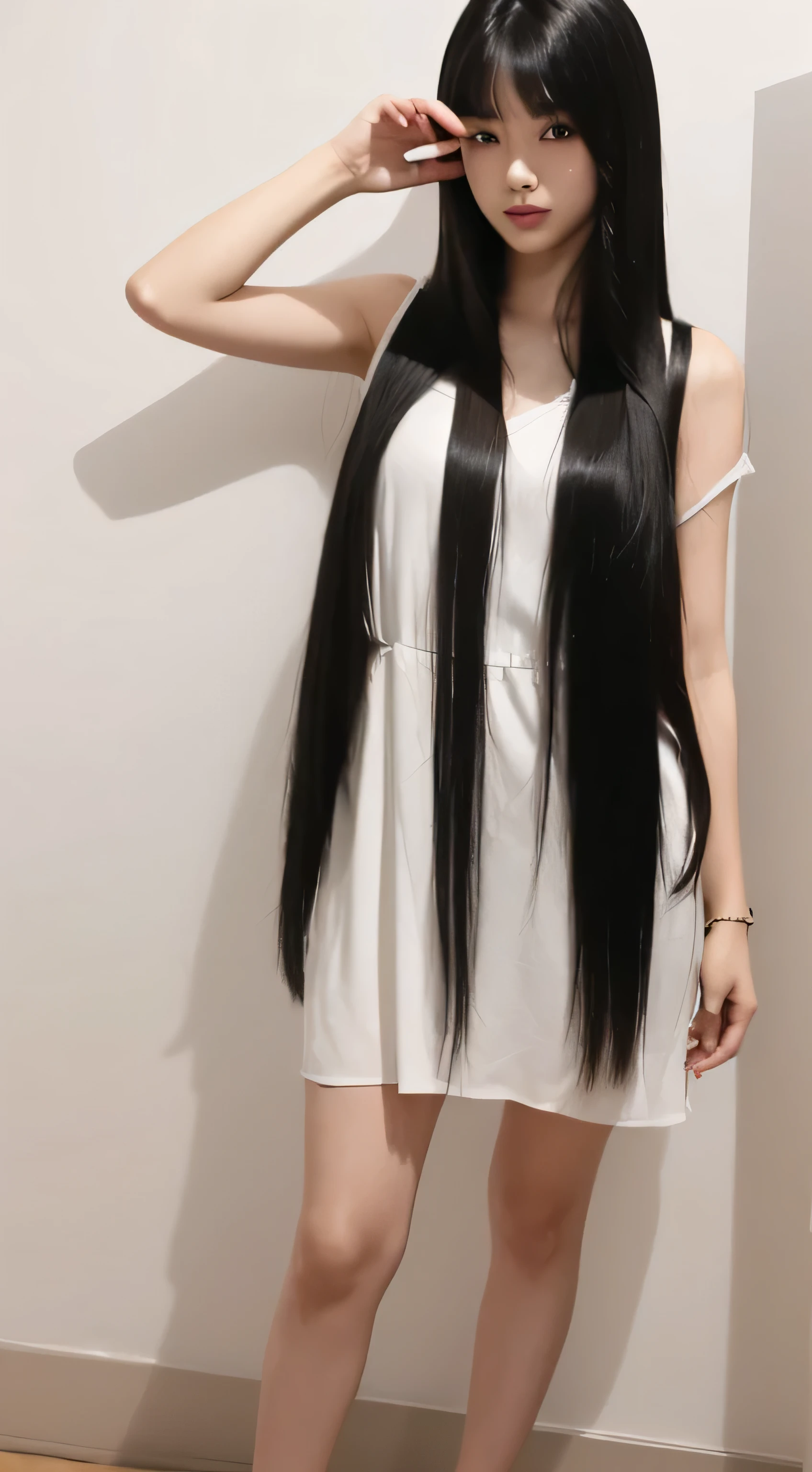 (Full Body Shot:1.3) (White wall:1.3) Beautiful 26 year old woman with long black hair, girl with super length Hair, extremely length Hair, extra length Hair, very long, Flowing Hair, very length Hair, length Hair girl, very long, Flowing black hair, length Hair windy, Very long black hair, length, Flowing Hair, length and curly hair, with length Hair, length Hair!!!! ((Stand in front of a mirror、18 year old Japanese model with long thin black hair, Her highest quality hair is long and straight., very long, highest quality black hair, length hair in the center, Highest quality long straight hair, length, straight, beautiful, High quality hair, length and free black highest quality straight hair, length Hair, length and straight, highest quality black hair, Perfect silky straight hair of the highest quality, straight, highest quality black hair, length black straight hair, length, Thin black hair Stand in front of a mirror Japanese with long black hair Her hair is long and straight, very long black hair, length hair in the center, length straight hair, length, straight, beautiful hair of the highest quality, length Hair, length, straight black hair, length and free straight black hair, straight black hair)) ((highest quality)) ((masterpiece)), (Familiar) (Get used to it) (She has a perfect face and beautiful hair.) (Her skin is a typical Japanese skin color..............、Very detailed) she is wearing a white dress (She has a beautiful face and a slim figure..) (Her bangs are neatly trimmed、It is straight.) (She has perfect beautiful makeup and face Lipstick is light red) ((Rich 1.4)) (Extremely detailed 8K) (Ultra-fine skin texture 1.4) (Actual, Vibrant:1.4), double eyelid Sharp focus:1.2、Beautiful woman:1.4 Dynamic Lighting (Genuine RAW photos taken by professional photographers) (Her long bangs、Well Organized) (Turn your whole body to the viewer) (She is posing to show the viewer as much hair as possible......:1.3) (Pose to make your hair look as wide as possible) (Pose to make your hair look as wide as possible) (Pose to make your hair look as wide as possible) (Standing pose with back to viewer)