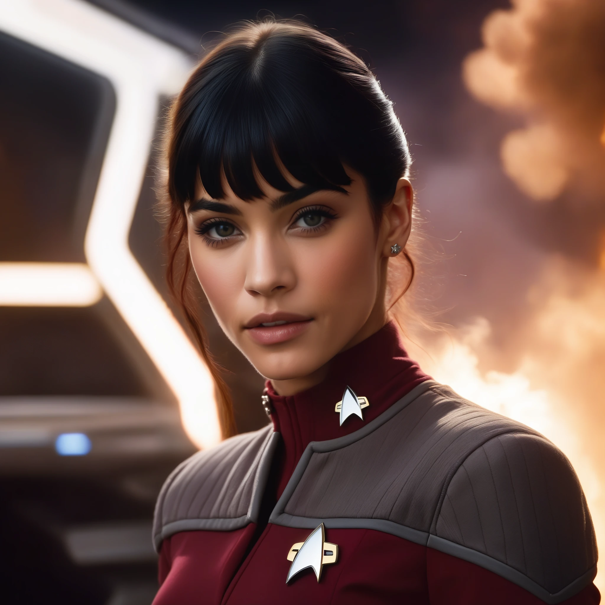 sofia boutella a woman dressed in red star trek uniform,  background, epic battle, fire, smoke, explosions, laser fire, fantasy planet, futuristic space ships, ((perfect eyes, detailed eyes,realistic eyes)), ((sharp face, detailed face, realistic face, naturtal skin, realistic skin, detailed skin, pores))