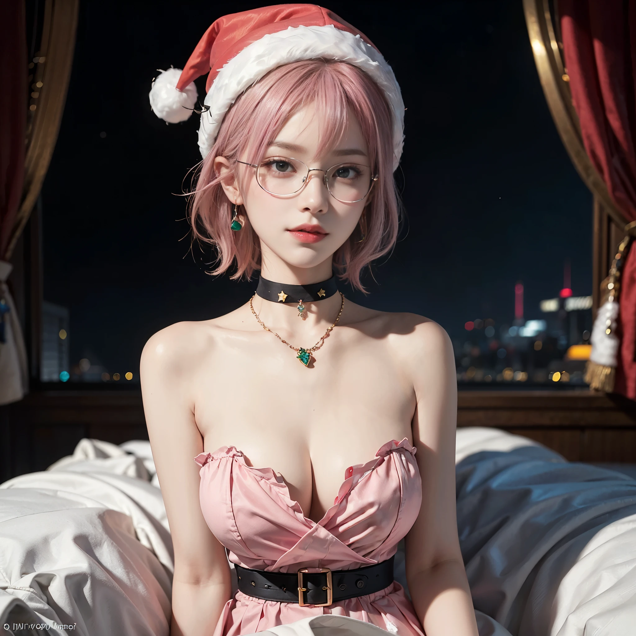 ((1 Girl Solo)), (1 Sexy Woman, Pink Hair, Short Hair, waved hair, Santa Girl, Santa Hat:1.4), (Sexy woman, UpperBody shot, Sitting:1.3), (choker, Necklace, earrings, glasses), ((anatomically correct)), (Futuristic Portrait), (Close-Up:1.2), Rim Lighting, Cinematic Light, Smile, (In The Bed Room At Night, Christmas tree), no futuro telhado de luz neon, SSCI - FI e Fantasia, intrincado e muito bonito e elegante, altamente detalhado, pintura digital, art-station, arte conceitual, smooth and sharp focus, illustration, Arte de Tan Zi e Ayanamikodon e Alphonse Mucha e Wlop