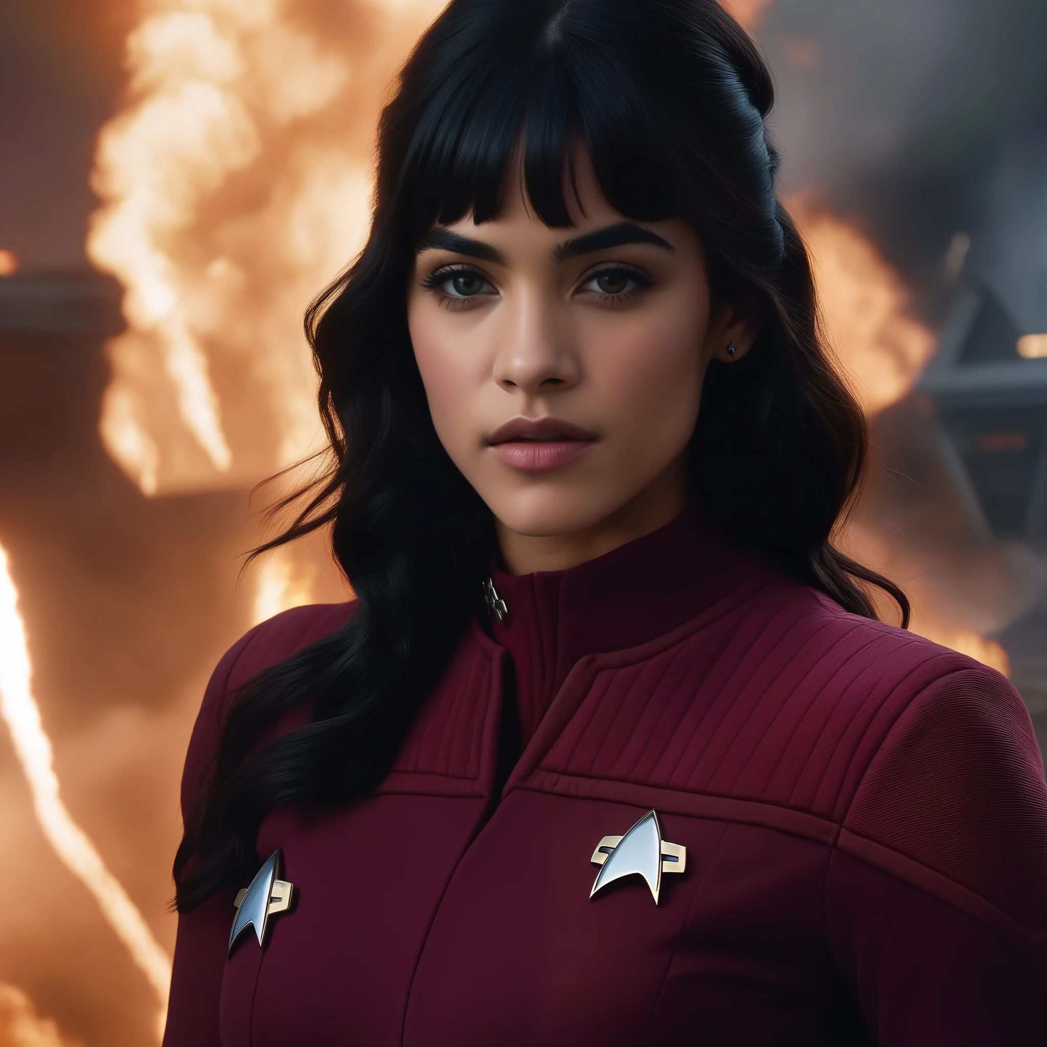 sofia boutella a woman dressed in red star trek uniform,  background, epic battle, fire, smoke, explosions, laser fire, fantasy planet, futuristic space ships, ((perfect eyes, detailed eyes,realistic eyes)), ((sharp face, detailed face, realistic face, naturtal skin, realistic skin, detailed skin, pores))