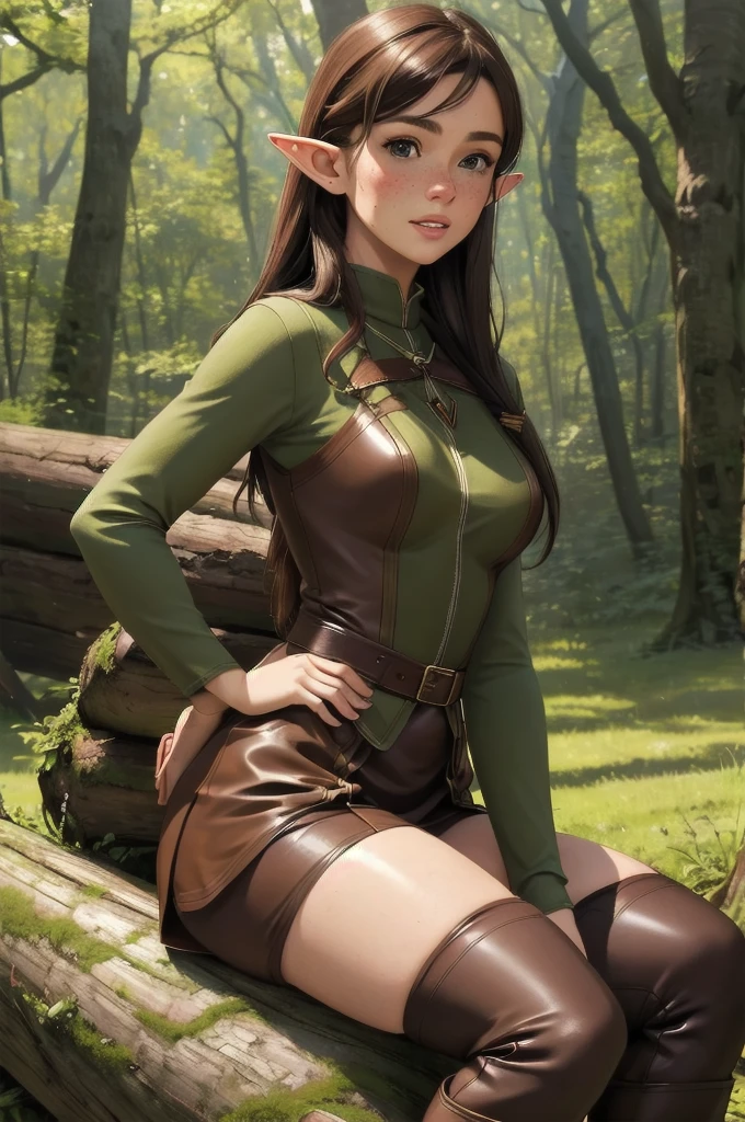 Masterpieces, best quality, perfect, wood, outdoors, forest, elf, sfw,26 years old, mature woman, leather, small ears, blushing, freckles, facing viewer, brown hair, full body, archer, long torso, mouth open, glossy lips, large waist, thick thighs, sitting on log, facing viewer, thigh high socks, 