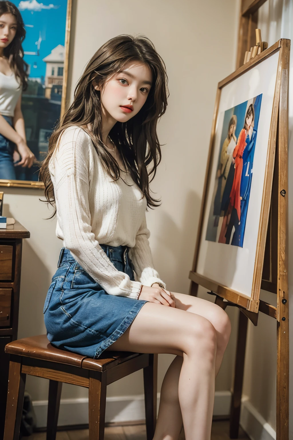 A woman sitting on a stool in front of a painting - SeaArt AI