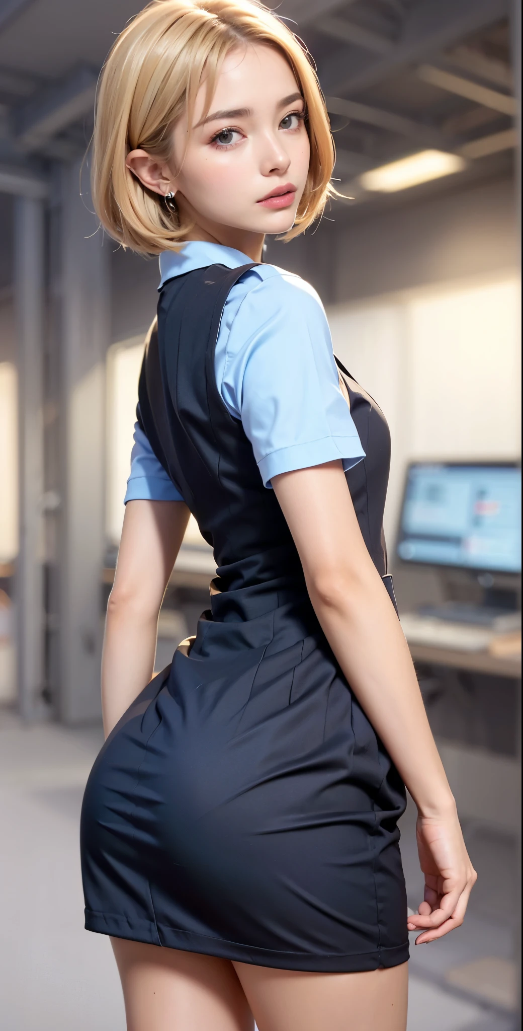 (medium shot:1.5), (backshots:1.3, Inside office:1.5), highest quality, Very detailed, In detail, High resolution, 8k wallpaper, Beautiful fine details , classroom, Sexy Face, A face of ecstasy, The face at the peak of sexual arousal, Her facial expression when she feels that she is being caressed intensely, (Professional lighting, light on face), ((one girl)), sexy buttocks:1.5, perfect slim body, ((blonde hair, semi long hair, bob hair, short hair, hair sidelocks)), office uniform, office vest, micro mini skirt, ((Pastel blue uniform)), Looking at Viewer,