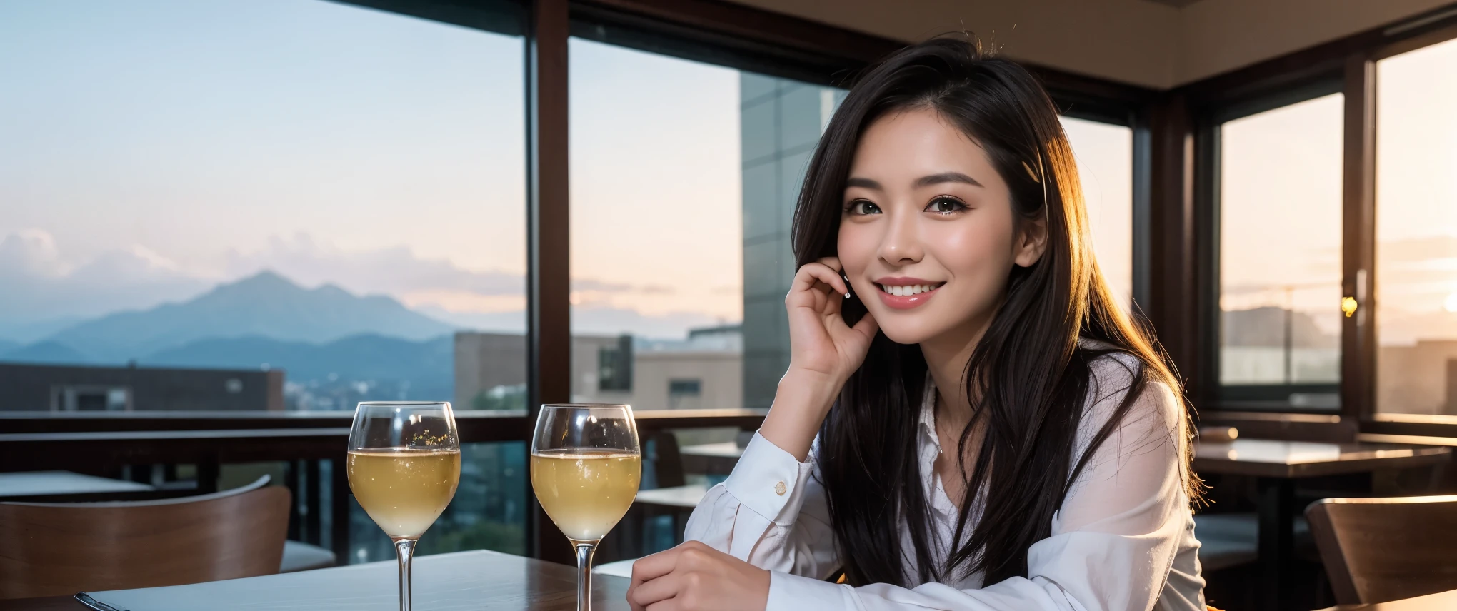 ((highest quality、8k、masterpiece:1.3))、Sharp focus:1.2、Beautiful woman perfect body:1.4、slimなボディ、((Bob Hale、Straight hair:1.2))、(to be born, highest quality, masterpiece:1.5), (Realistic, Intricate details:1.2), Ultra-high resolution, Amazing view of the sunset sky and clouds、Amazing mountain views、ニコニコ明るいsmile、smileの素敵な女性、Bright image、wine glass、The beauty of wine, Beautiful Face, blue eyes, The light shines on your face, Blushing, short hair,Bright Face、Fox face、 (42 years old), 45 years old, Lady、red wine 、Appetizers、Italian food、Wine bottle、Champagne、sparkling wine、Two beauties、Brown Hair、Shortcuts、Long sleeve shirt、dress、Pretty Woman 1, (slimな顔), (The body is slim), (Brown Hair), (Shortcuts), cheeks turn a little red,Attractive beauty、, Out of the window, A beautiful and detailed night view unfolds.........., restaurant, In a prominent place (From the waist up) Nova Frog Style, actress, model, Upper Body, White wine, slim, wine glass, 真ん中に置かれたwine glass, smile, (smile: 1.15), Beautiful fine grain, Depth f/2,saturation, High Contrast, Strong light and shadow,Moist Body:1.5、3D texture、Delicate eyes、Brown Hair、The hair is very shiny、