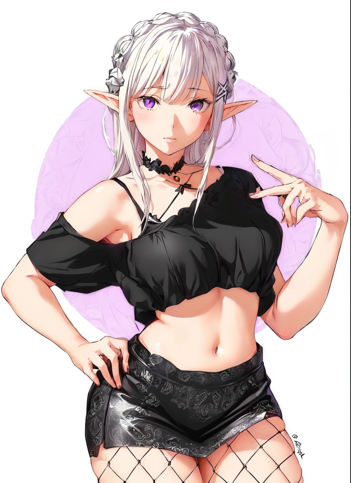 Emilia re:zero, purple eyes, Emilia, crown braid, x hair ornament, flower hair ornament, white hair, long hair, medium breasts, a cartoon drawing of a woman with a black top and a black skirt, elf girl, commission for high res, v from devil may cry as an elf, elfpunk, anime style character, full body portrait of a short!, misa amane *, anime realism style, oc commission, in an anime style, in anime style, realistic anime artstyle