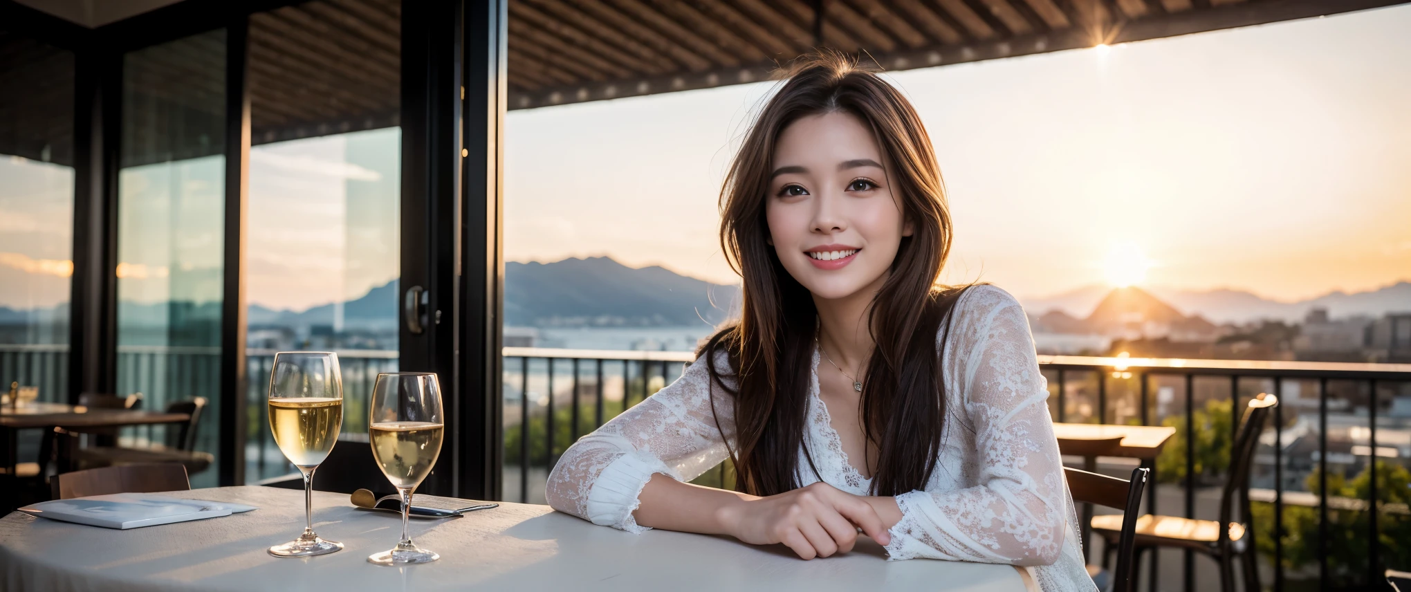 ((highest quality、8k、masterpiece:1.3))、Sharp focus:1.2、Beautiful woman perfect body:1.4、slimなボディ、((Bob Hale、Straight hair:1.2))、(to be born, highest quality, masterpiece:1.5), (Realistic, Intricate details:1.2), Ultra-high resolution, Amazing view of the sunset sky and clouds、Amazing mountain views、ニコニコ明るいsmile、smileの素敵な女性、Bright image、wine glass、The beauty of wine, Beautiful Face, blue eyes, The light shines on your face, Blushing, short hair,Bright Face、Fox face、 (42 years old), 45 years old, Lady、red wine 、Appetizers、Italian food、Wine bottle、Champagne、sparkling wine、Two beauties、Brown Hair、Shortcuts、Long sleeve shirt、dress、Pretty Woman 1, (slimな顔), (The body is slim), (Brown Hair), (Shortcuts), cheeks turn a little red,Attractive beauty、, Out of the window, A beautiful and detailed night view unfolds.........., restaurant, In a prominent place (From the waist up) Nova Frog Style, actress, model, Upper Body, White wine, slim, wine glass, 真ん中に置かれたwine glass, smile, (smile: 1.15), Beautiful fine grain, Depth f/2,saturation, High Contrast, Strong light and shadow,Moist Body:1.5、3D texture、Delicate eyes、Brown Hair、The hair is very shiny、