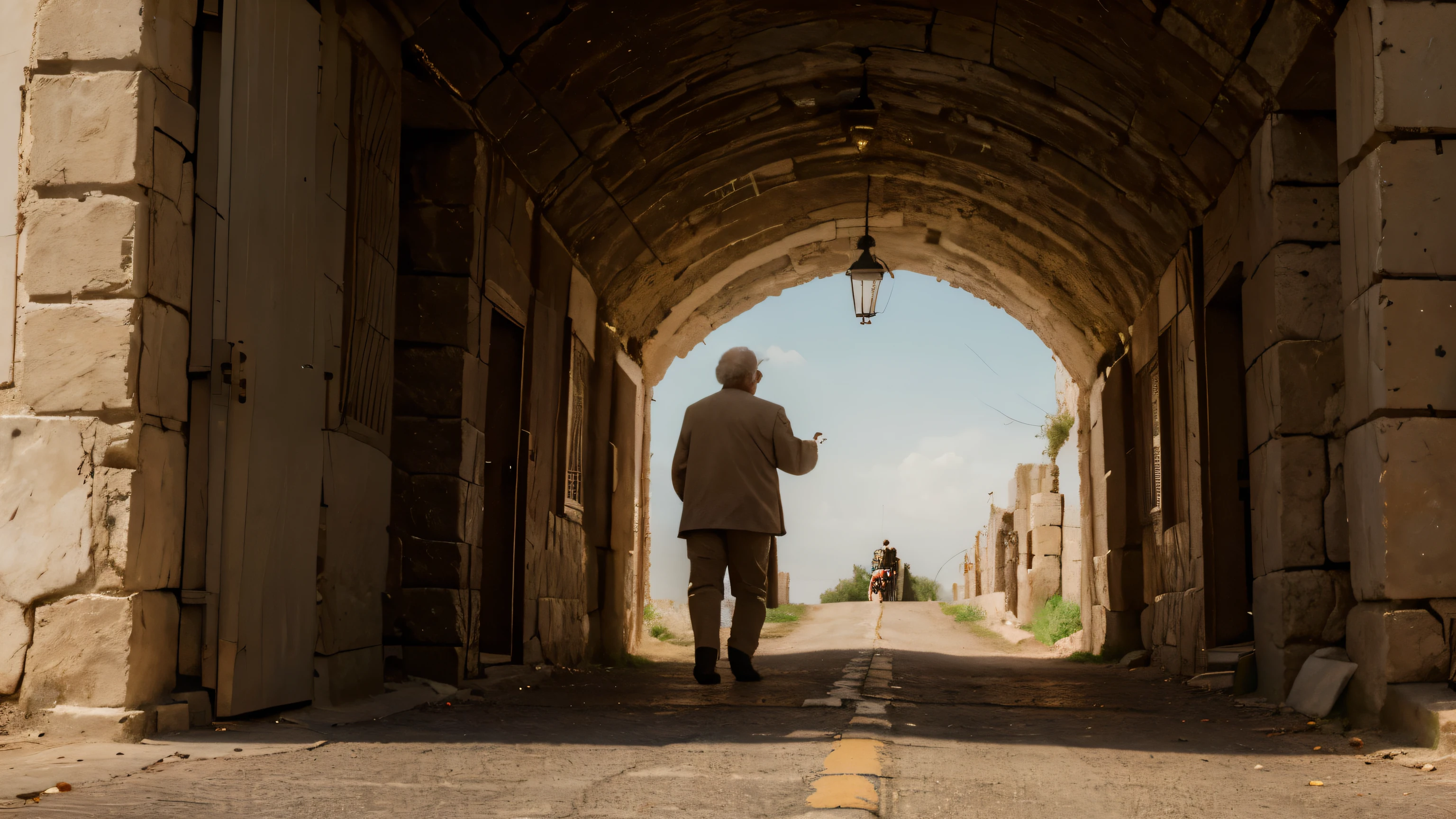 (in the distance you can see a young Jewish man saying goodbye to an old man on a road, extremely happy, joyful, ancient Judea, scene of joy), (oil painting), (vibrant brushstrokes, detailed textures, rich colors), (better quality, 4k resolution, high resolution: 1.2), (emotional, joy, dramatic, joy, laughter), (warm tones, earth colors), (soft and diffuse lighting)